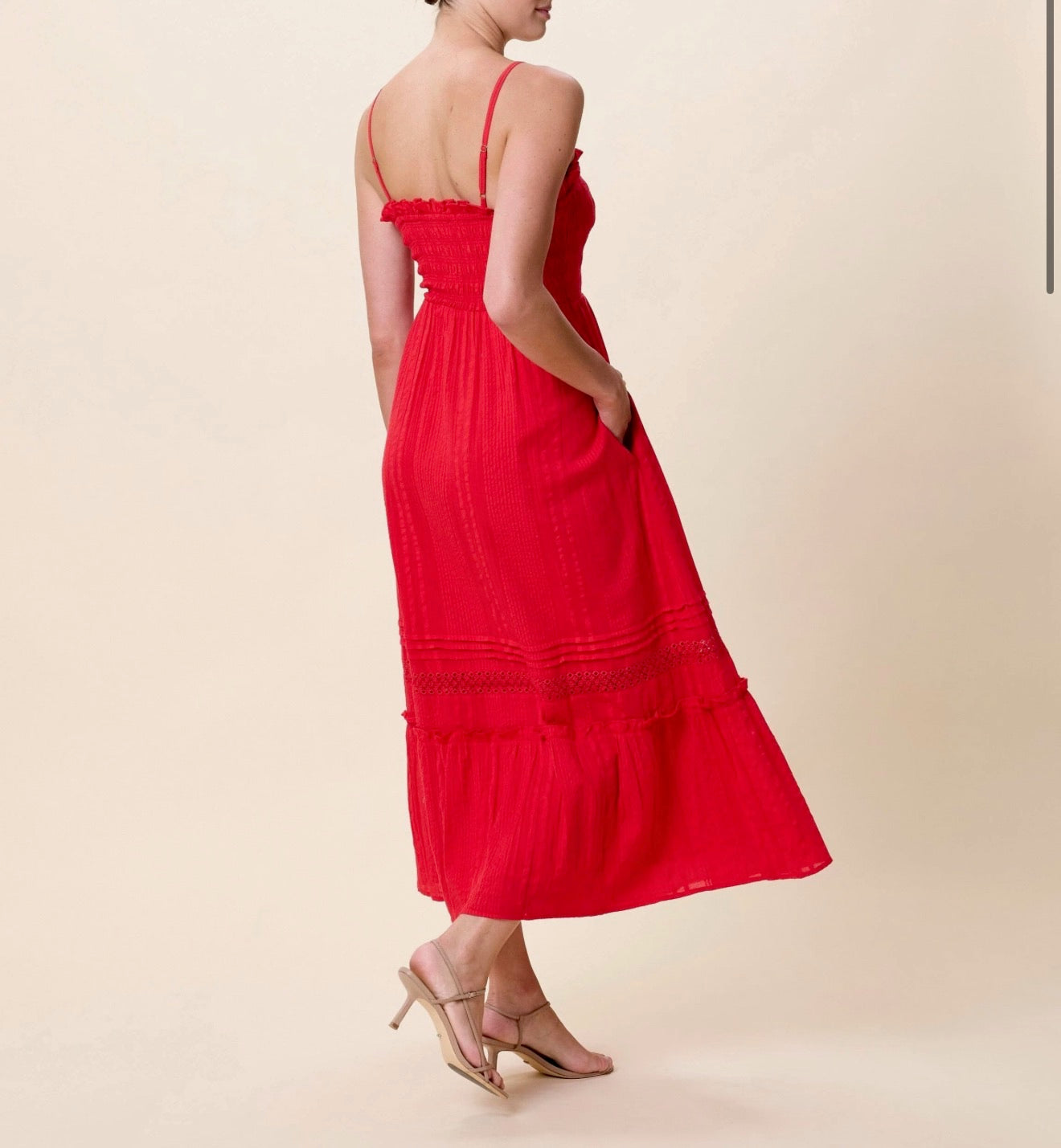 Magnolia Ankle Dress by CLEOBELLA in Goji Berry color, featuring a flowy fabric and elegant ankle-length design.
