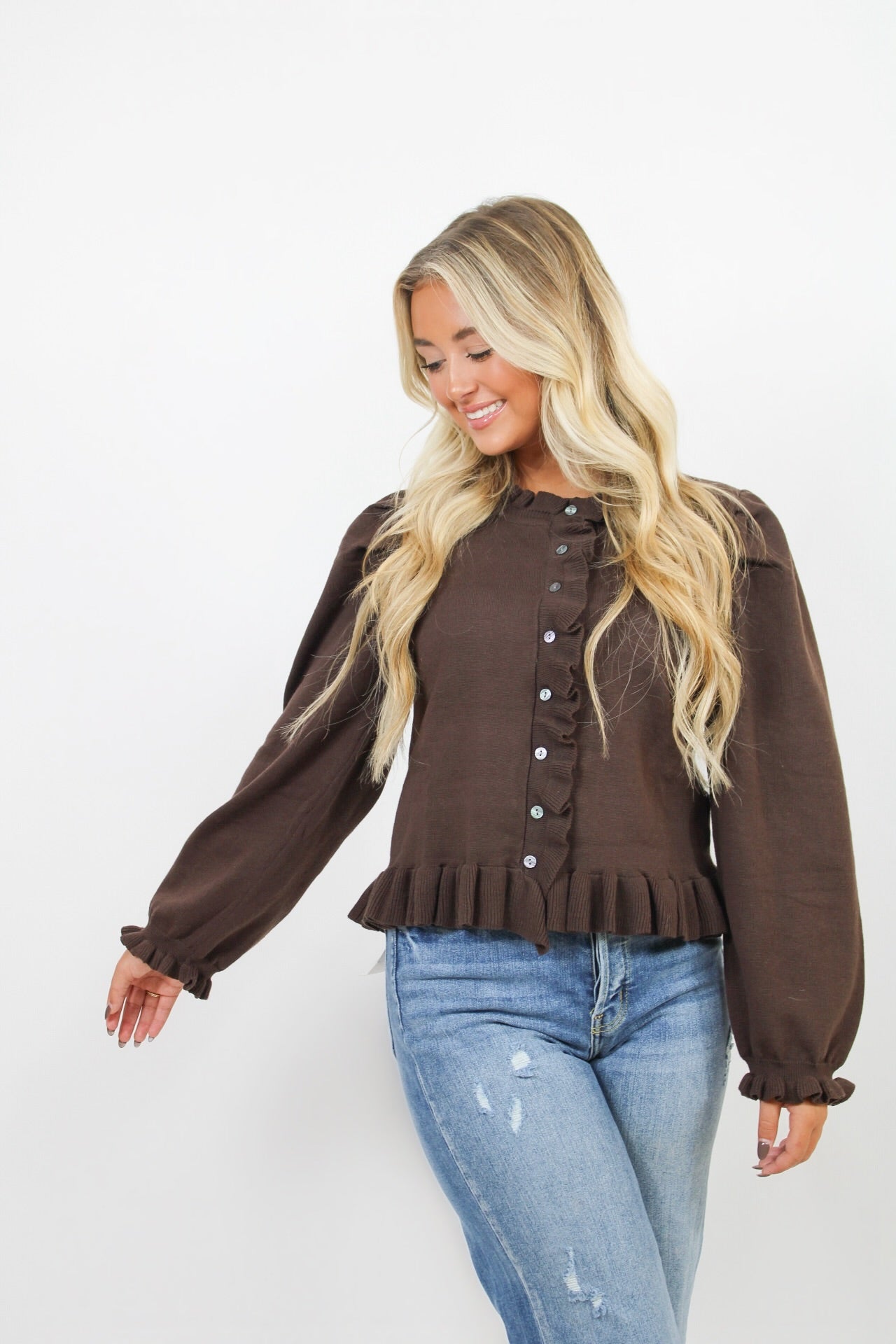 Cocoa Ruffle Cardigan Top