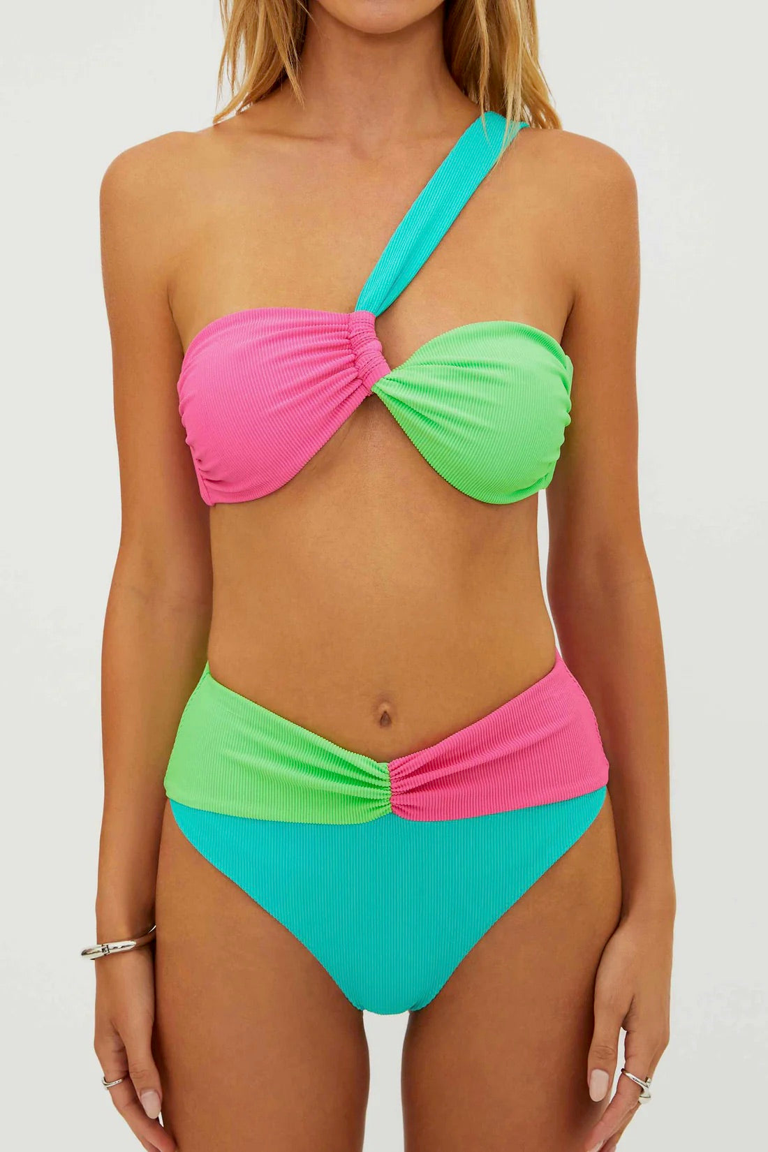 BEACHRIOT Lena Bottom in Strawberry Ice colorblock featuring a stylish, high-waisted bikini bottom with vibrant color blocking.
