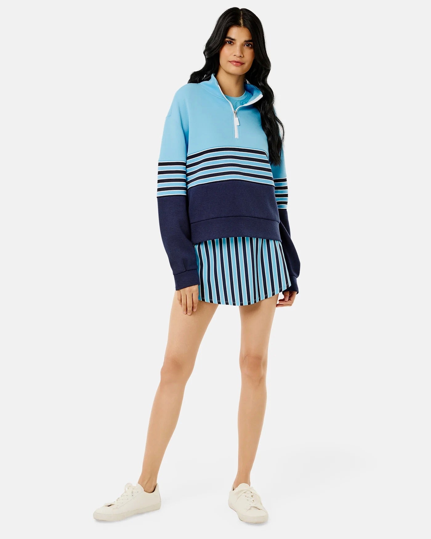 Addison Bay vintage blue and navy stripe everyday skort with front pockets and adjustable waistband, casual and versatile for warm weather.