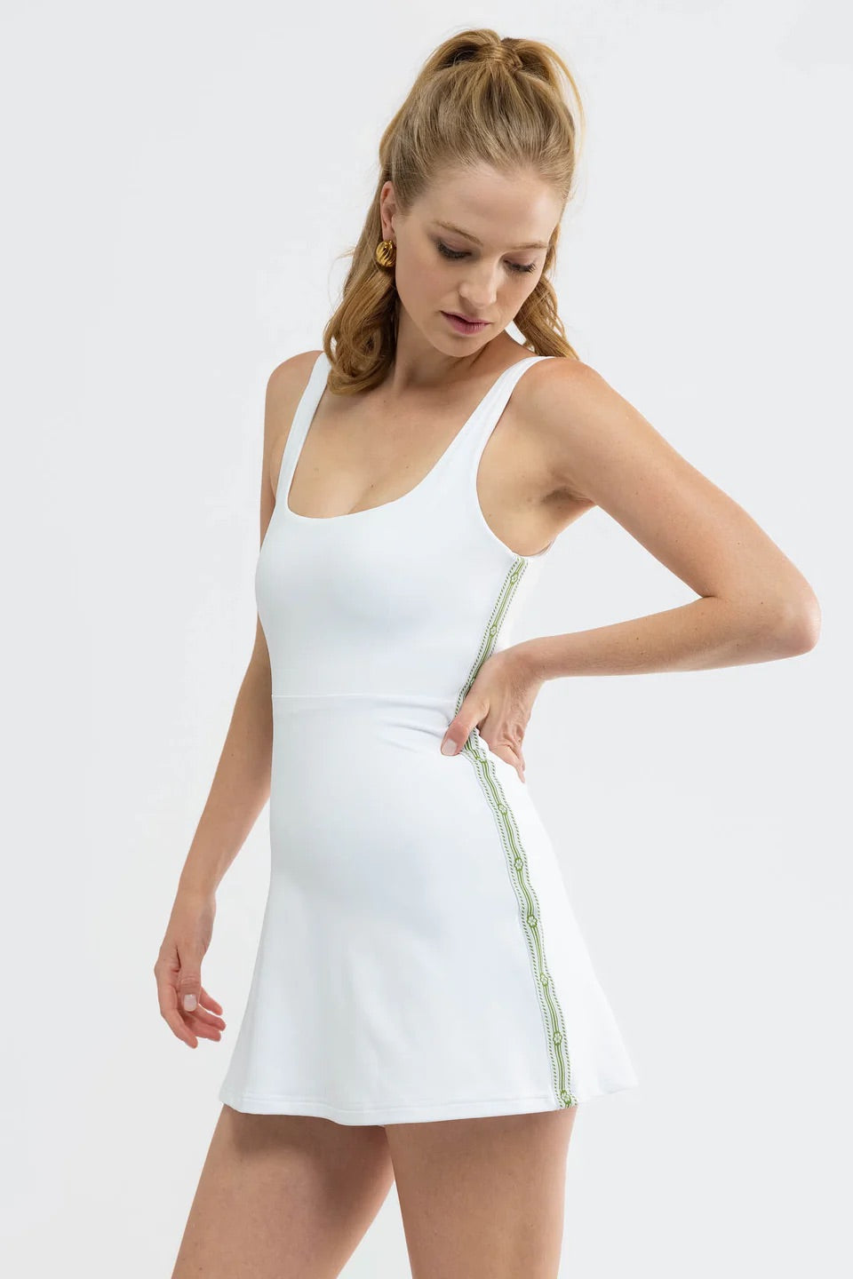 Claudette Dress - White/Green Olive
