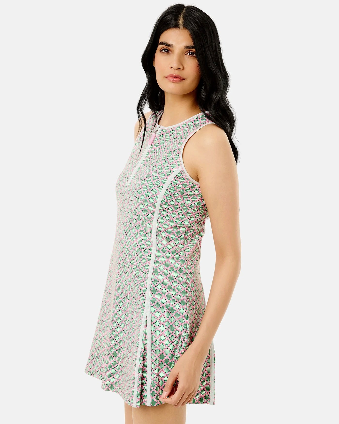 ADDISON BAY Gardenia Dress in Bubblegum Floral Trellis print, featuring a flowy fabric and feminine floral pattern.