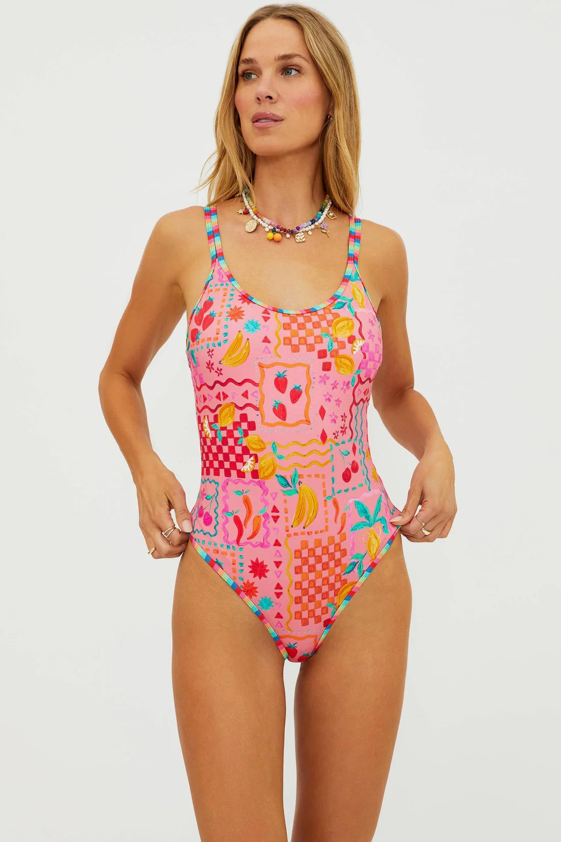 Beachriot Naomi One Piece swimsuit in Passion Fruit with colorful tropical print, featuring a sleek, fitted design.