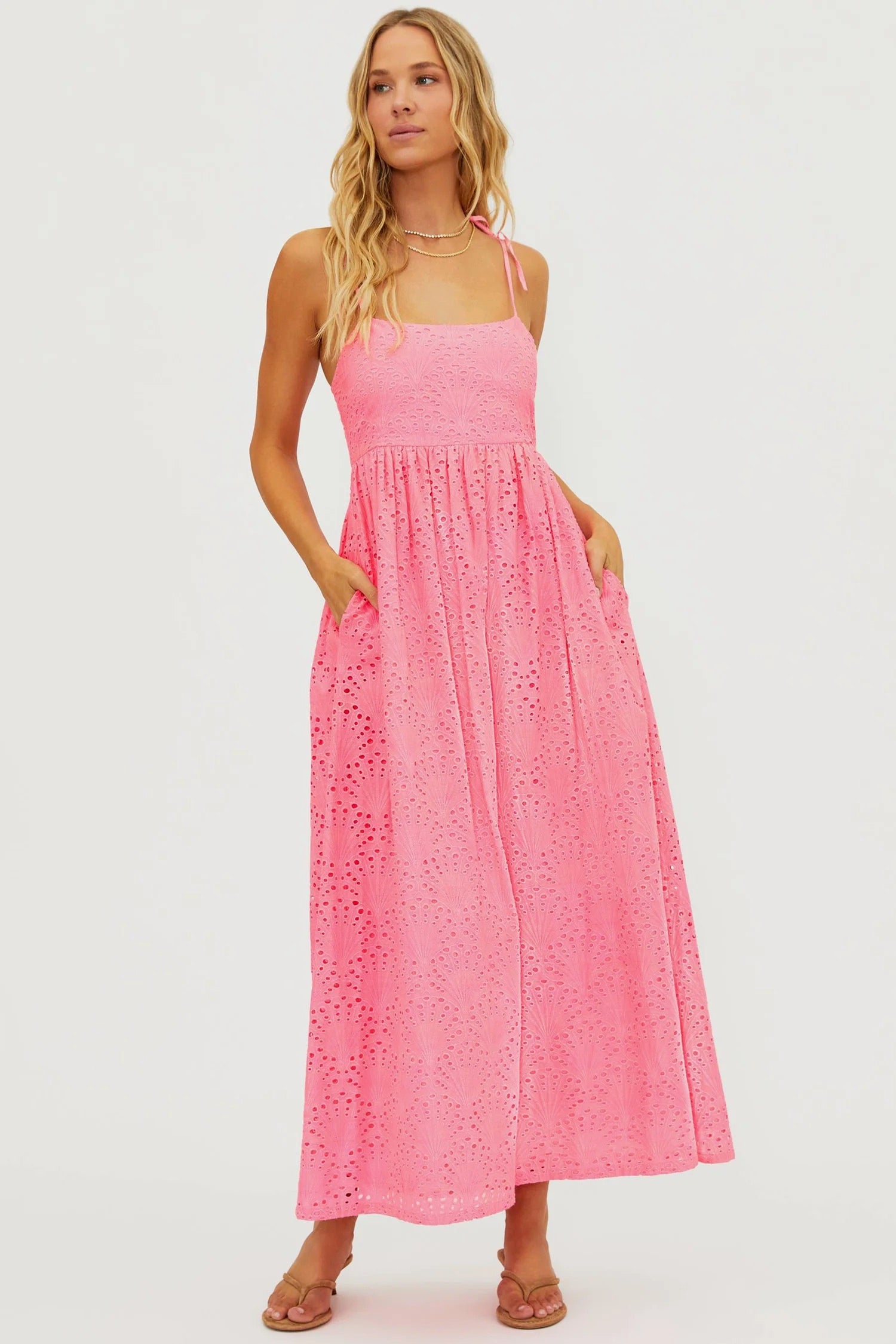 BeachRiot Valory Maxi Dress in Seashell Pink, flowing fabric with a feminine silhouette and adjustable straps.