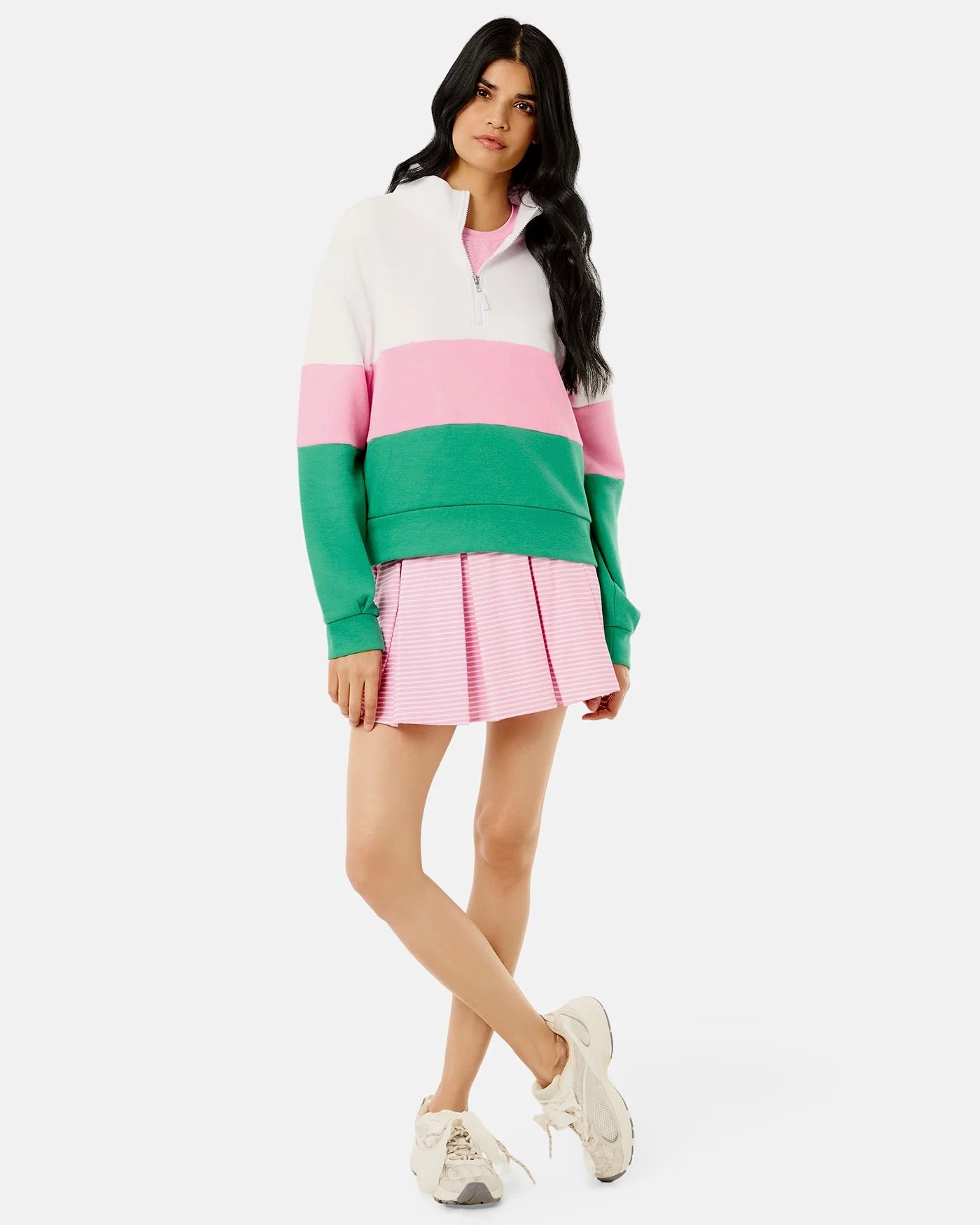 ADDISON BAY racquet skort in super white with bubblegum stripe, featuring a sporty design and comfortable fit for active wear.
