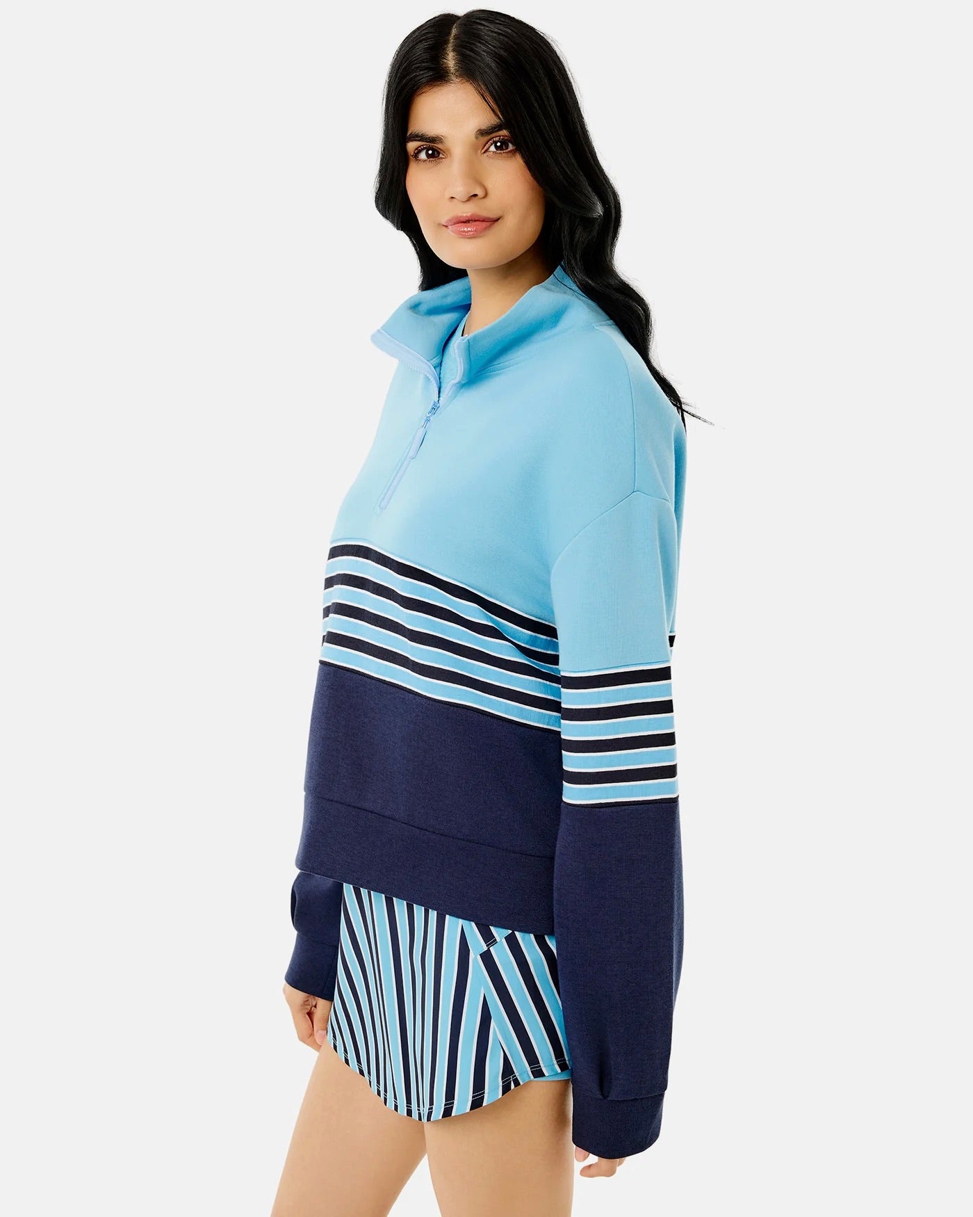 Addison Bay JV quarter zip sweatshirt in vintage blue and navy stripe, featuring a soft fabric and casual fit for everyday wear.