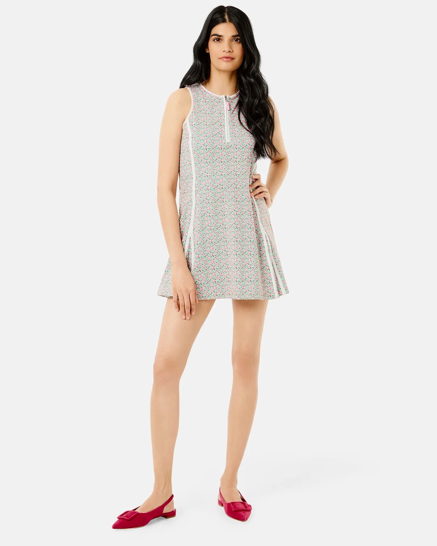 Addison Bay Gardenia Dress in Bubblegum Floral Trellis with a flowy fabric and vibrant floral pattern.