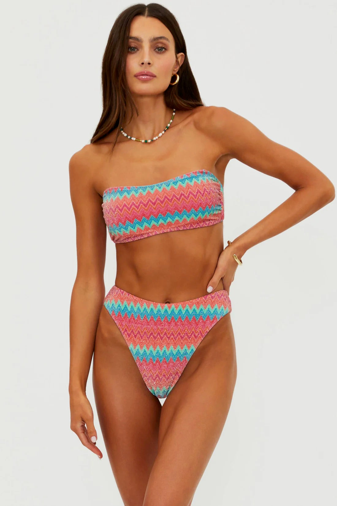 Beachriot Amarie Bottom in Strawberry Ice Chevron, featuring vibrant patterned swimwear fabric with a flattering fit.