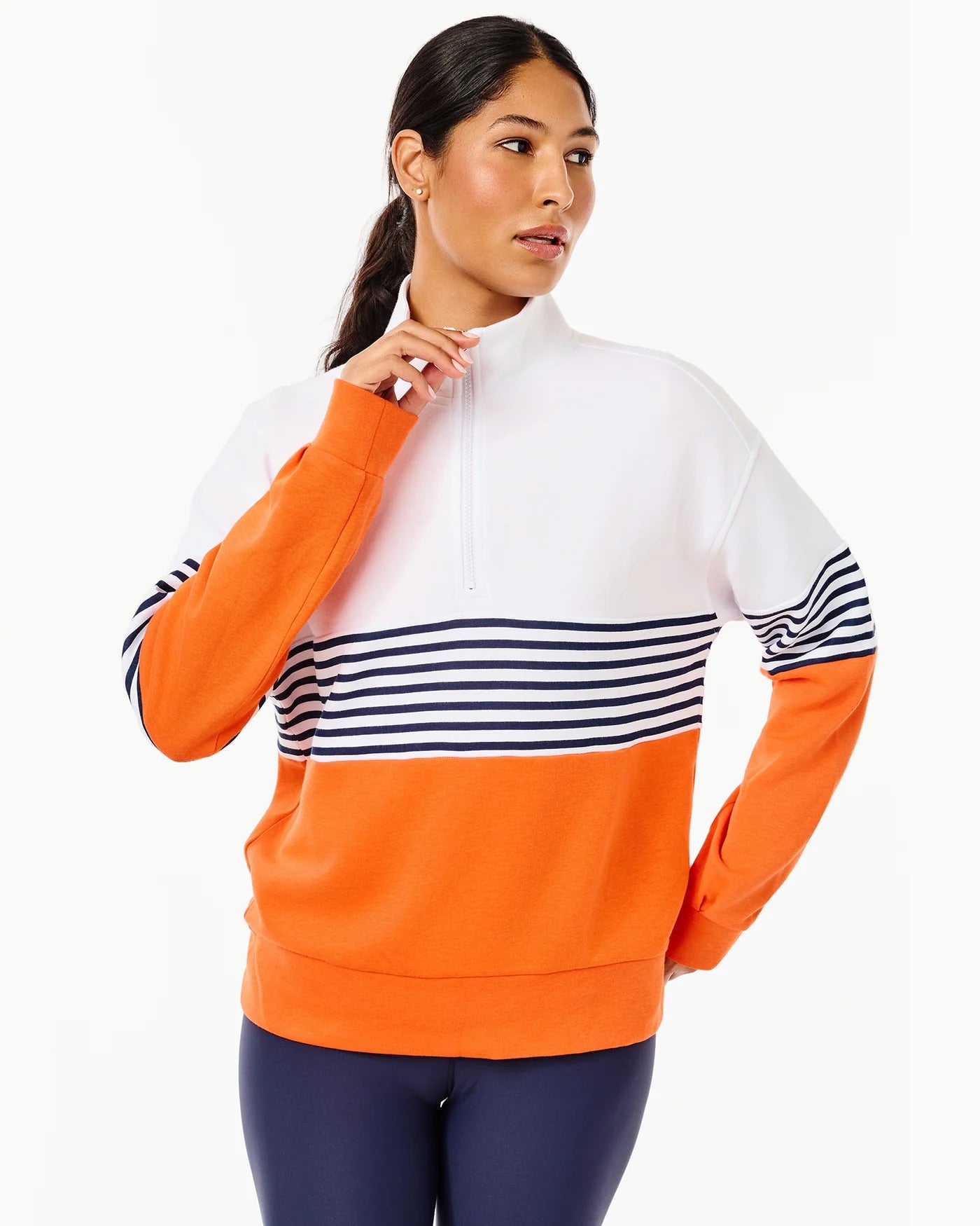 Varsity Quarter Zip - Super White/ Navy Stripe/ Papaya