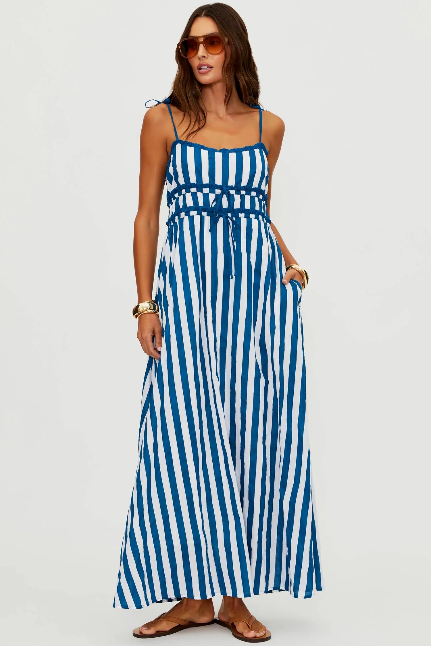 BeachRiot Levie Maxi Dress in Twilight Tides Stripes, flowing fabric with bold striped pattern, sleeveless design, perfect for summer.