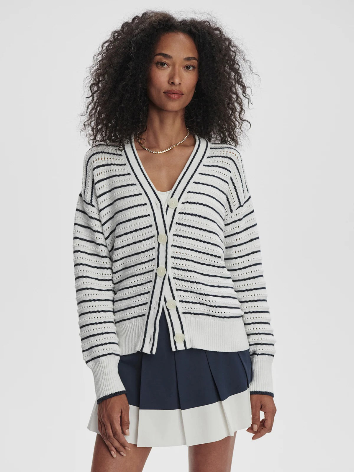 Antonia Relaxed Cardigan - White/ Blue Nights