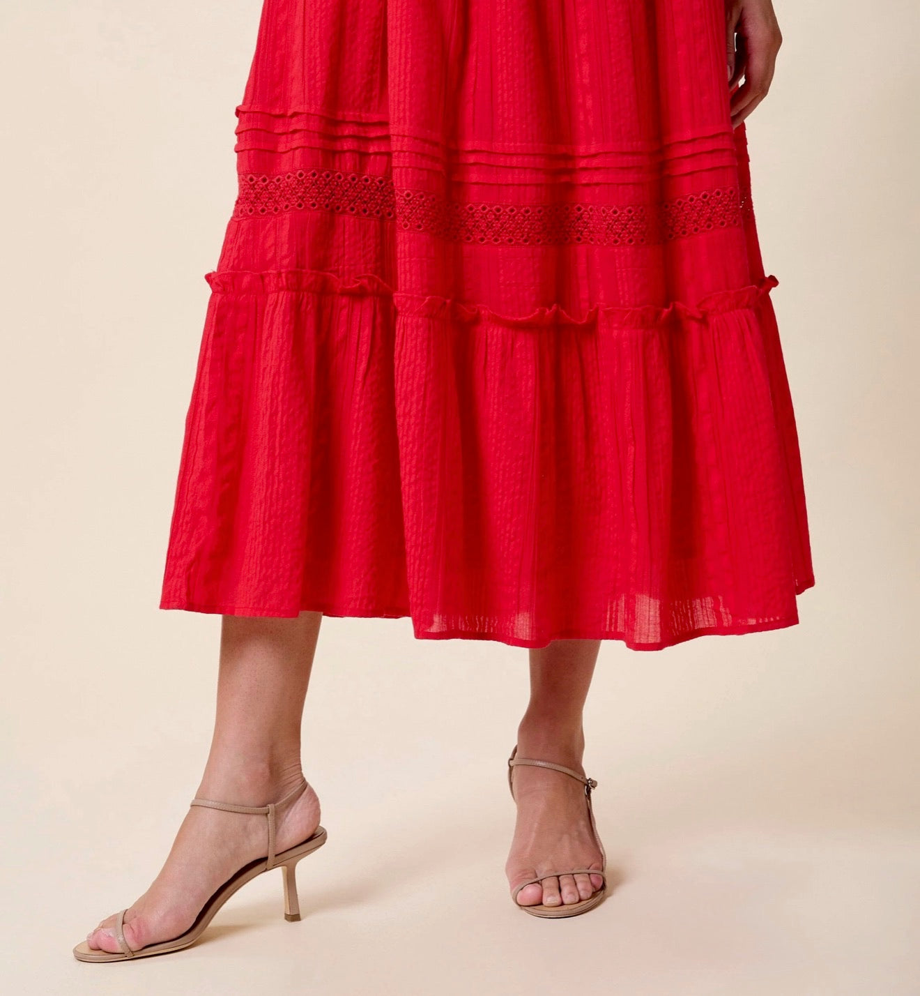CLEOBELLA Magnolia ankle dress in Goji Berry fabric, featuring a flowy silhouette and delicate floral details.