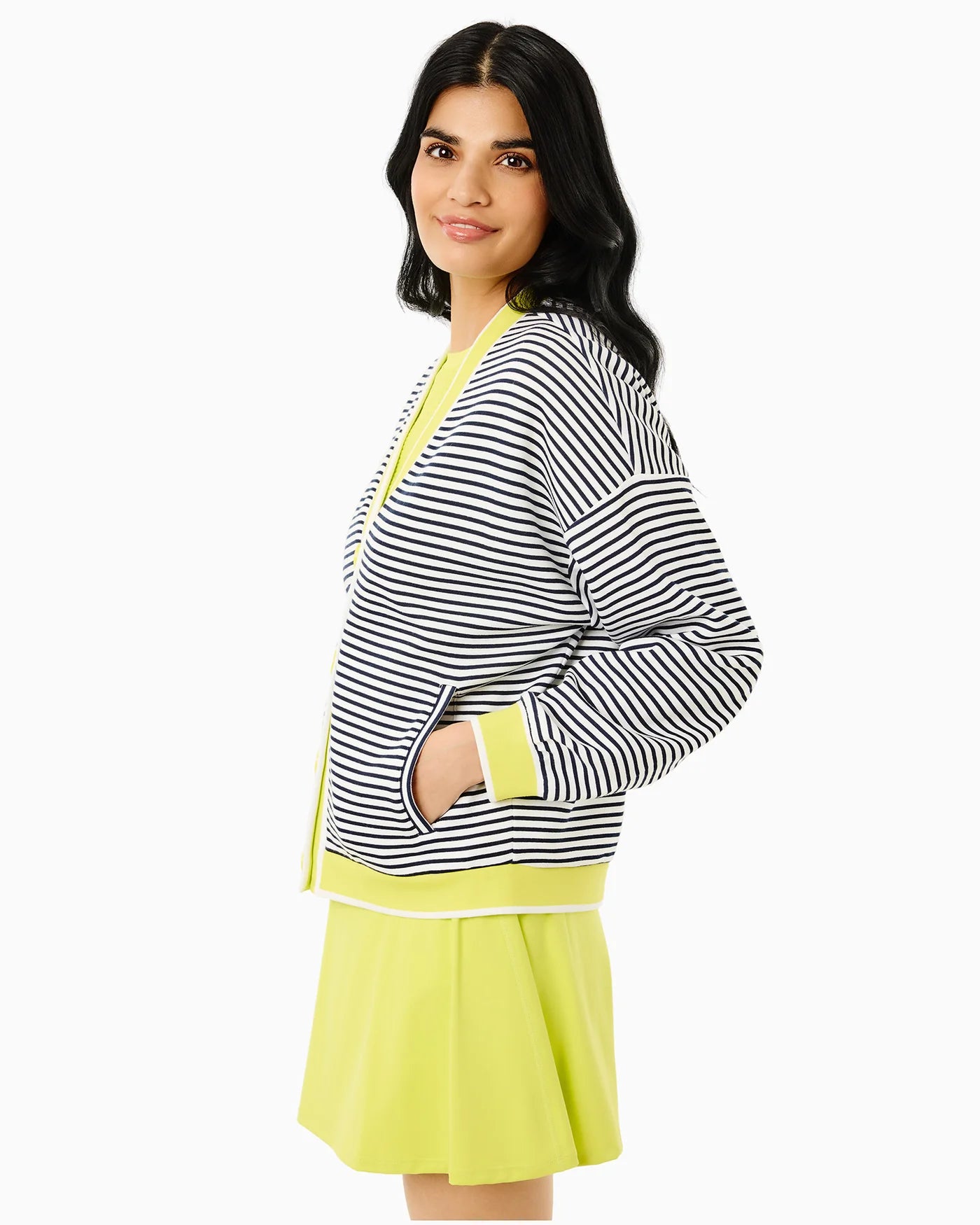 Abbott Sweatshirt Cardigan - Super White/Navy/Chartreuse