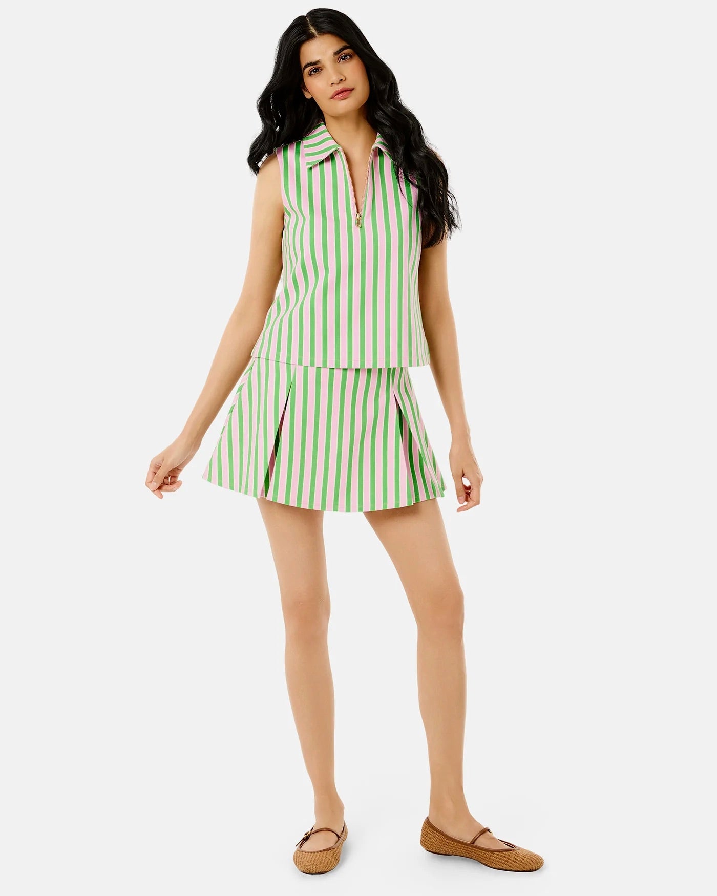 Sleeveless Virginian Polo by ADDISON BAY in Key Lime and Bubblegum, shown in a close-up of the vibrant, casual sleeveless top.