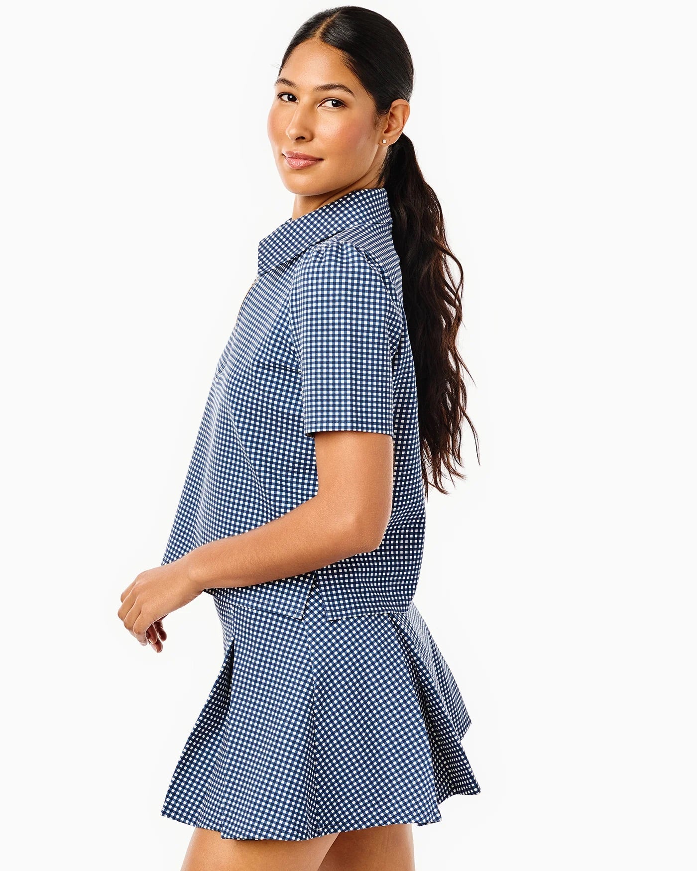Ponte Virginian Polo Top - Navy Gingham