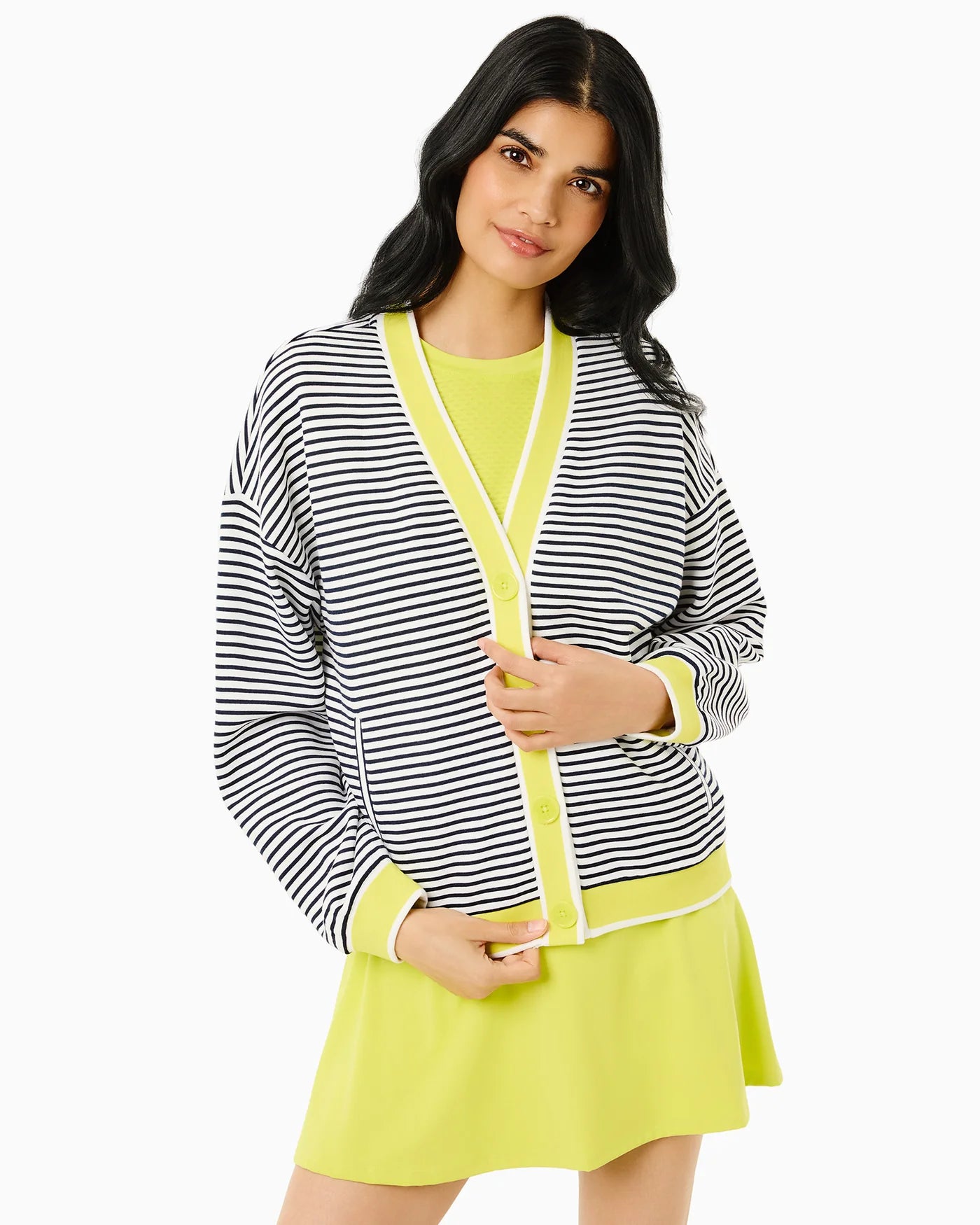 Abbott Sweatshirt Cardigan - Super White/Navy/Chartreuse