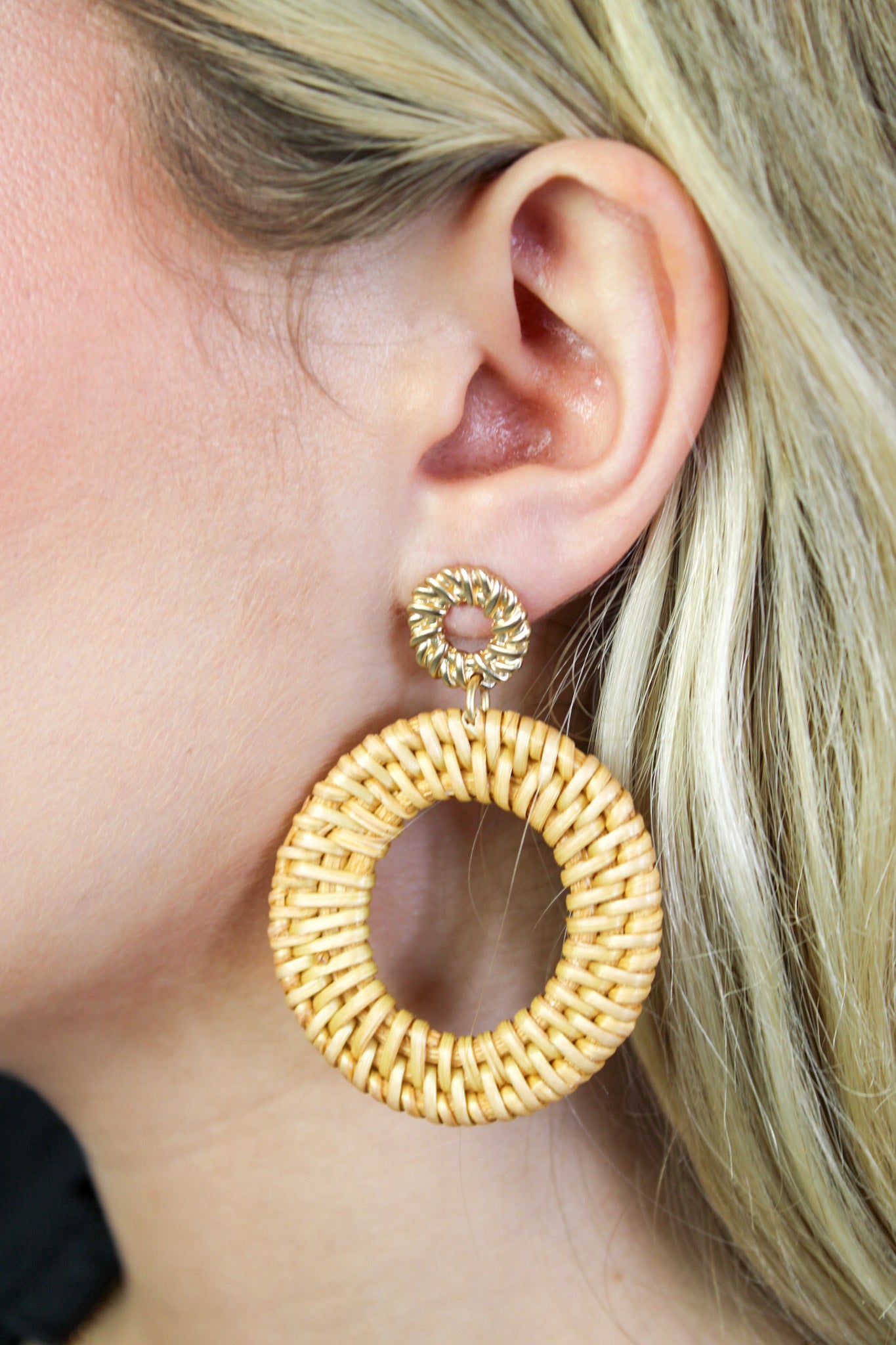 Golden Stella rattan circle drop earrings with woven rattan design, lightweight and stylish jewelry for everyday wear.