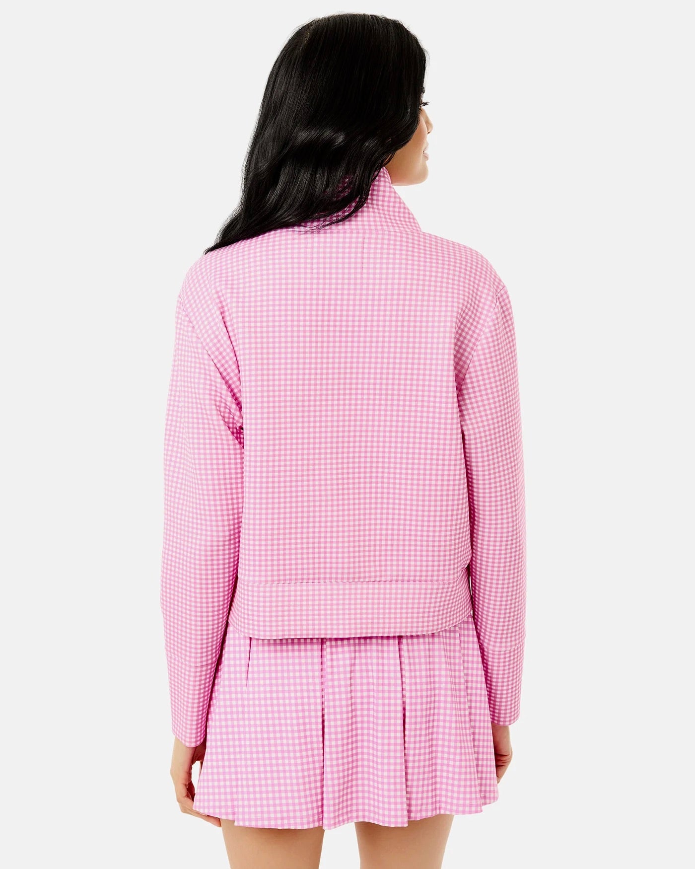 Addison Bay Everyother Day Quarter Zip in orchid gingham fabric, featuring a stylish, comfortable quarter zip design.
