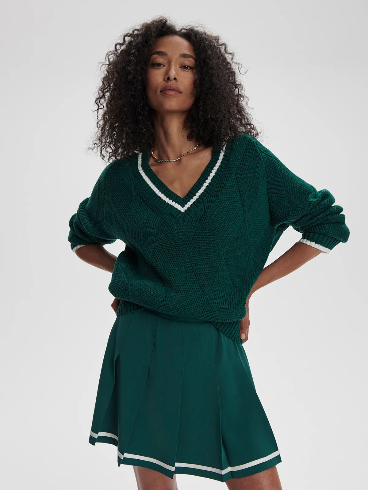 Ray Diamond V-Neck Knit - Forest/White