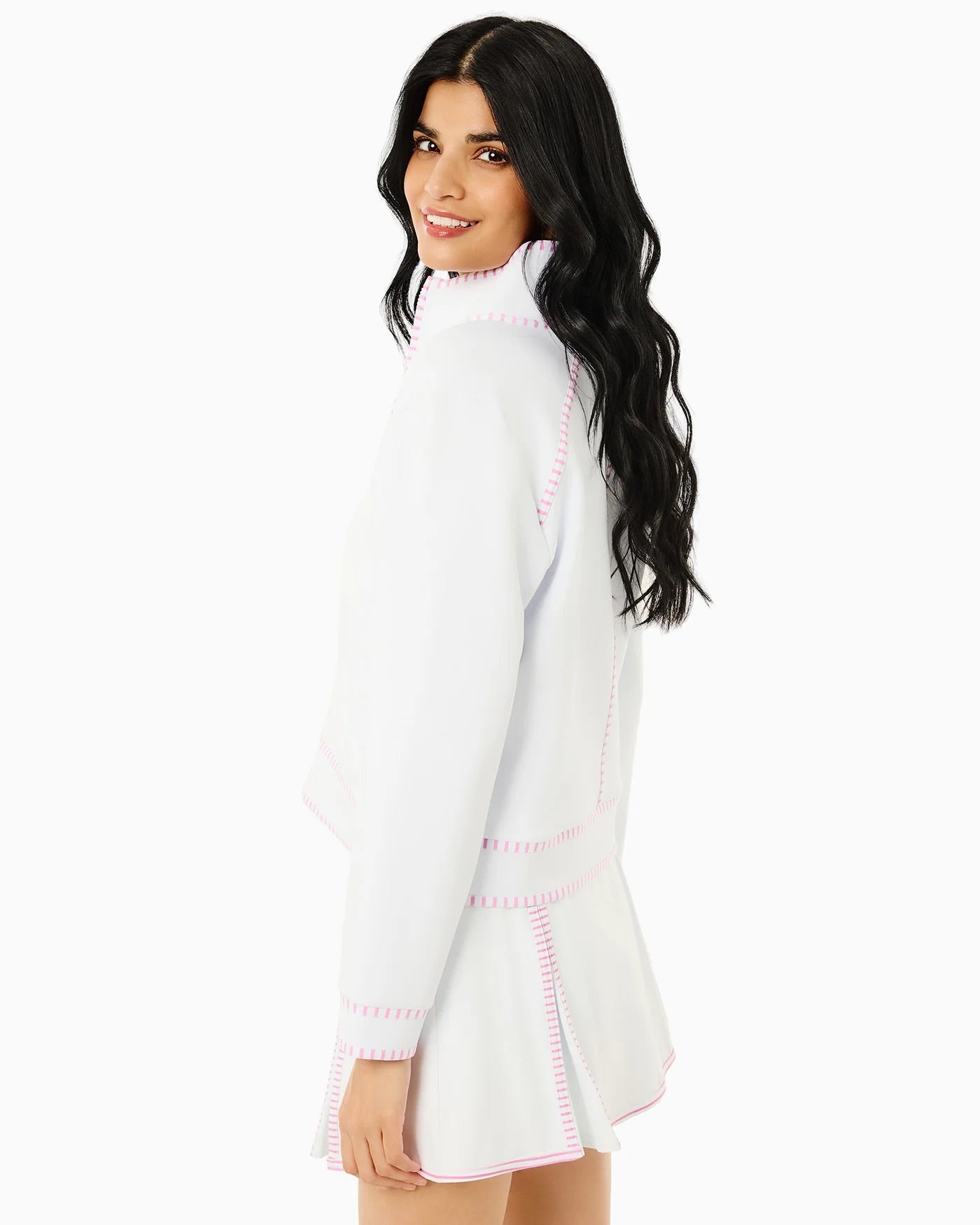 Addison Bay Bainbridge quarter zip in super white and orchid, featuring a stylish collar and comfortable fit.