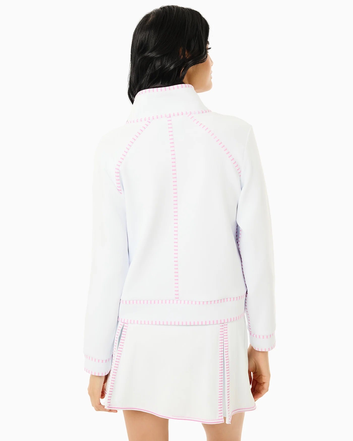 Addison Bay Bainbridge quarter zip in super white and orchid, showing the stylish collar and color contrast fabric.