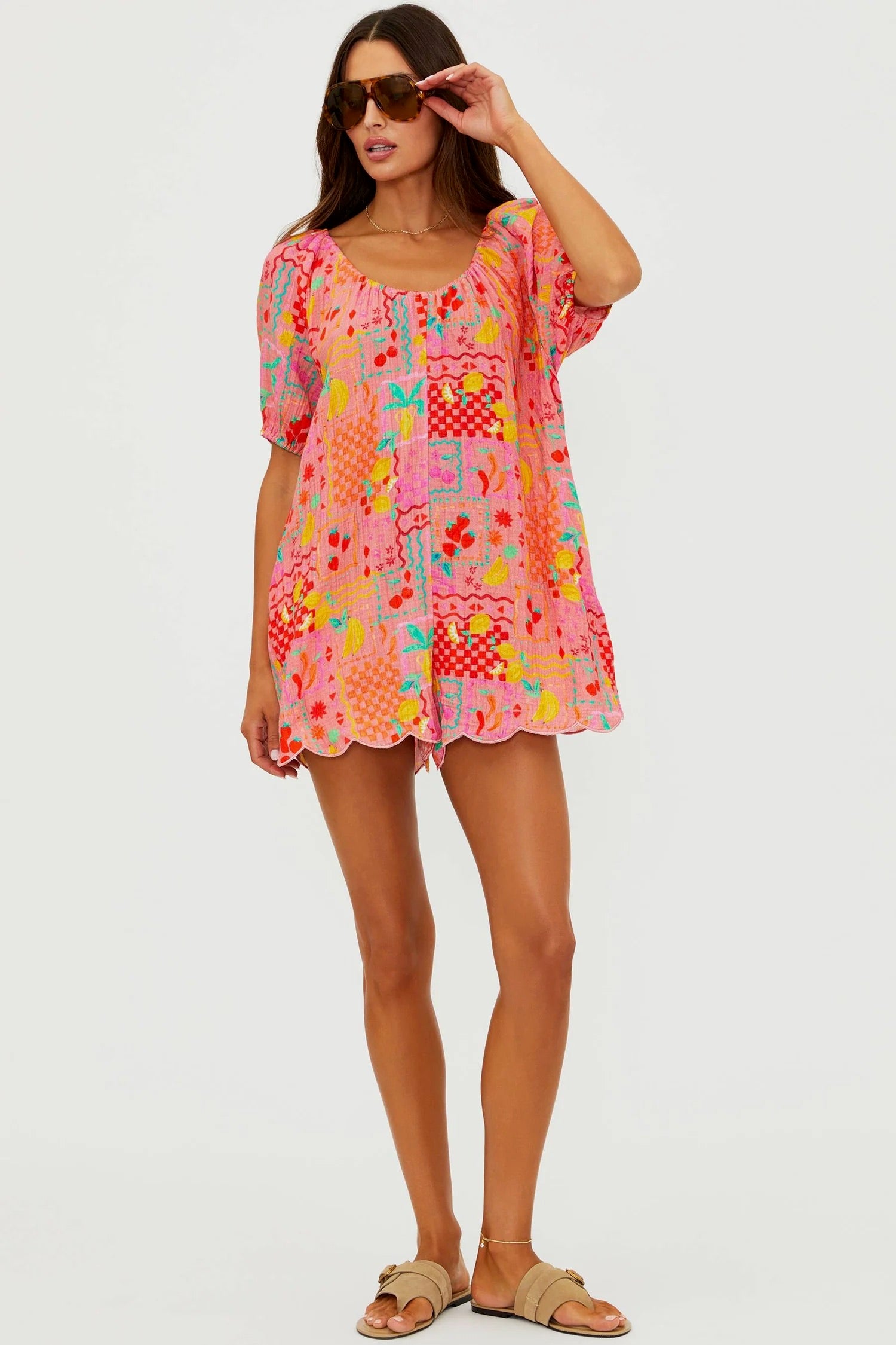 Beachriot Ellery Romper in Passion Fruit fabric, featuring vibrant tropical print and lightweight, casual summer style.