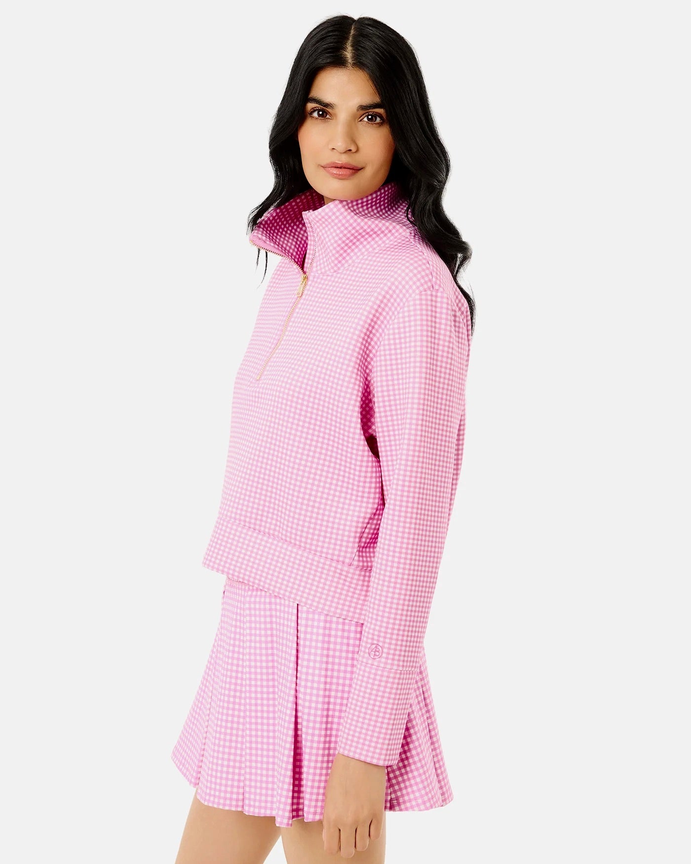 Addison Bay Everyother Day Quarter Zip in orchid gingham fabric, featuring a close-up of the stylish, patterned collar and zipper detail.