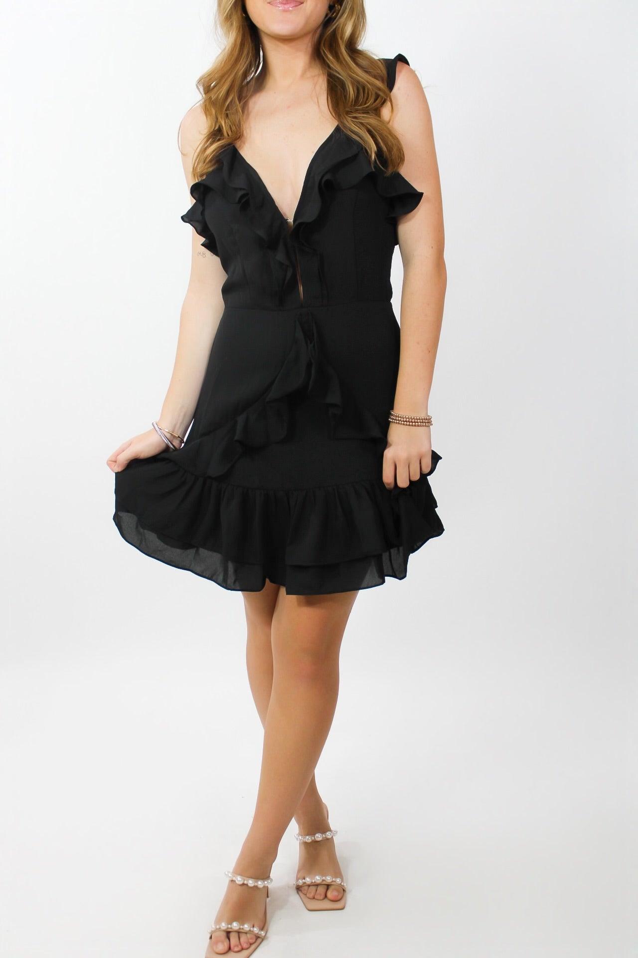 Black Ruffle Sleeve V Neck Dress