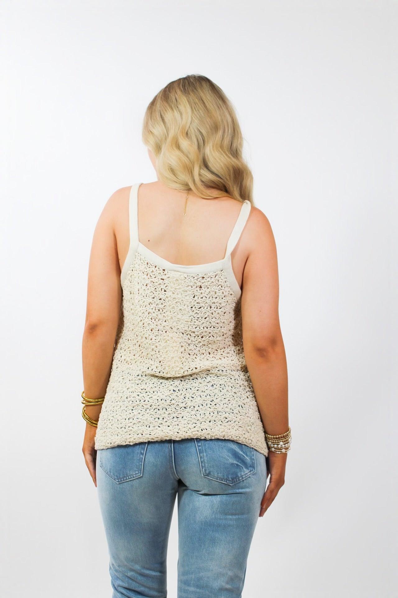 Natural crochet tank top by ByTogether, showcasing intricate crochet pattern and sleeveless design on a neutral background.