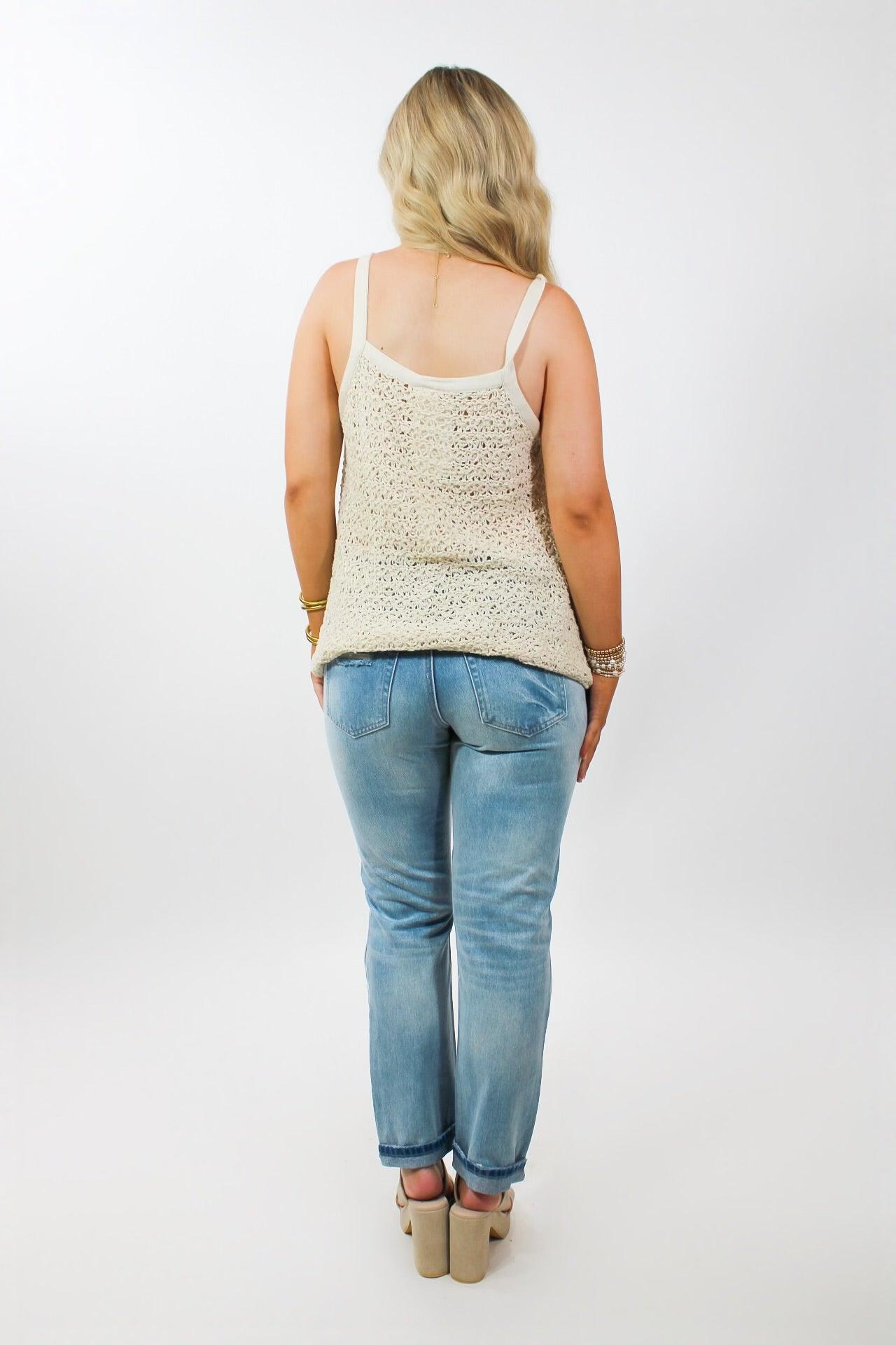 Natural crochet tank top by ByTogether featuring intricate open-knit design and sleeveless style, perfect for a casual summer look.