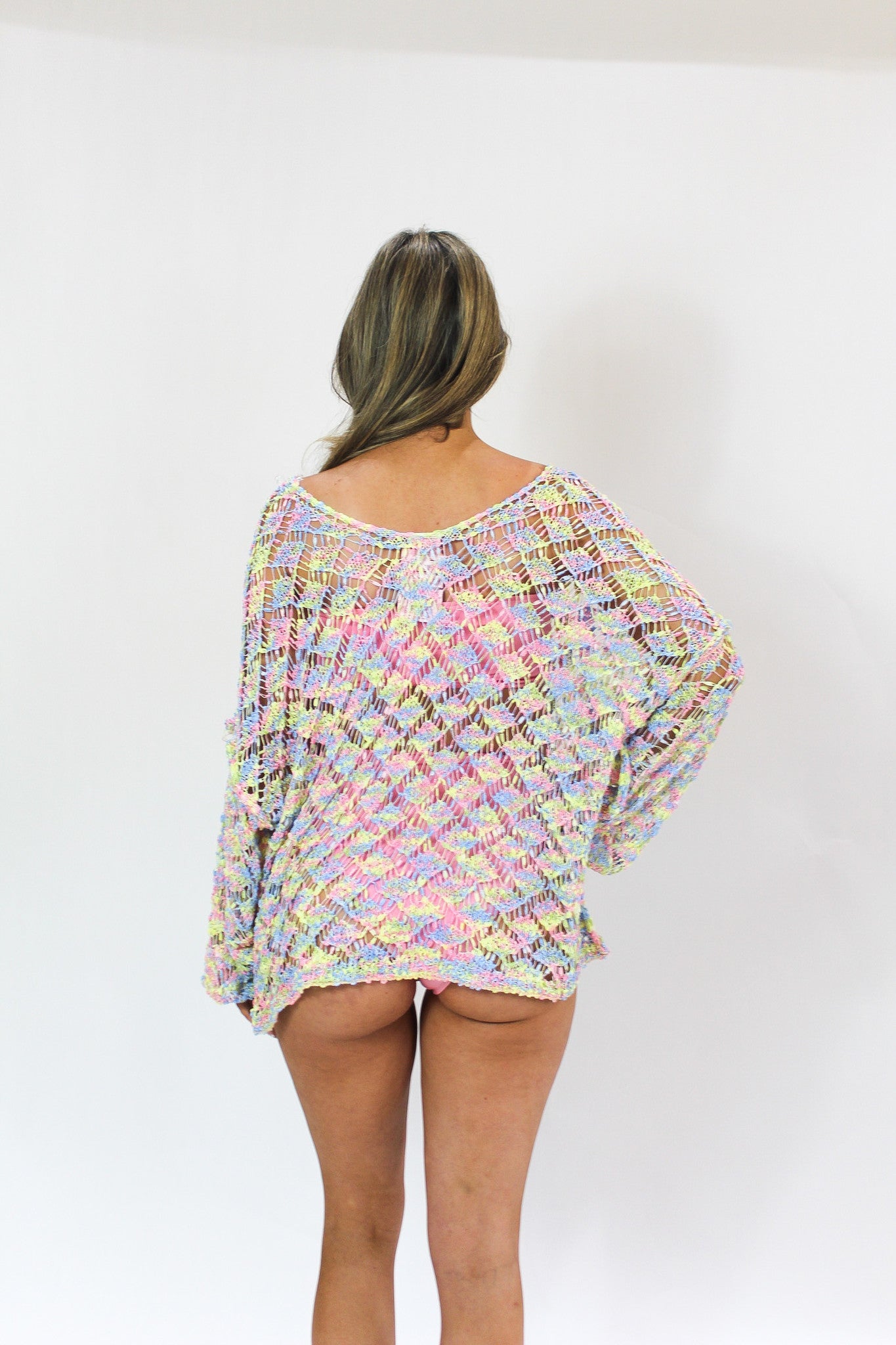 Pink Lemonade crochet throw blanket by POL CLOTHING, soft pink and white knit with textured crochet pattern.