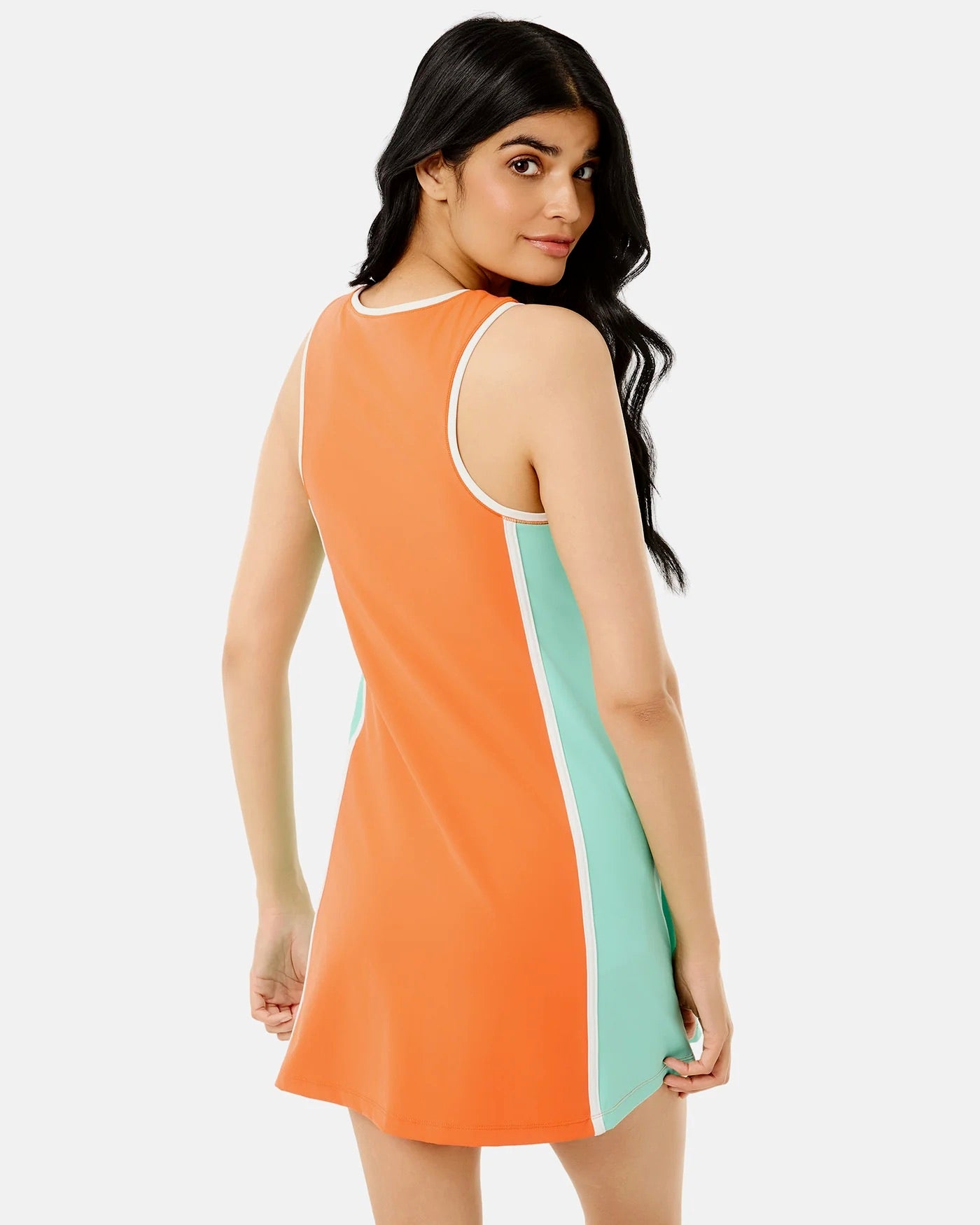 ADDISON BAY paddle dress in papaya and jelly mint color, featuring a stylish, sleeveless design with a flowing fit.