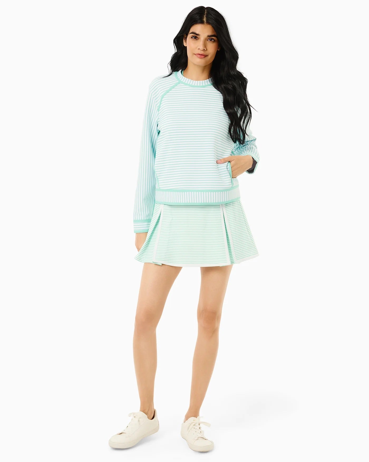 Addison Bay Bainbridge crewneck in super white and jelly mint stripe, soft knit fabric with a classic crewneck design.