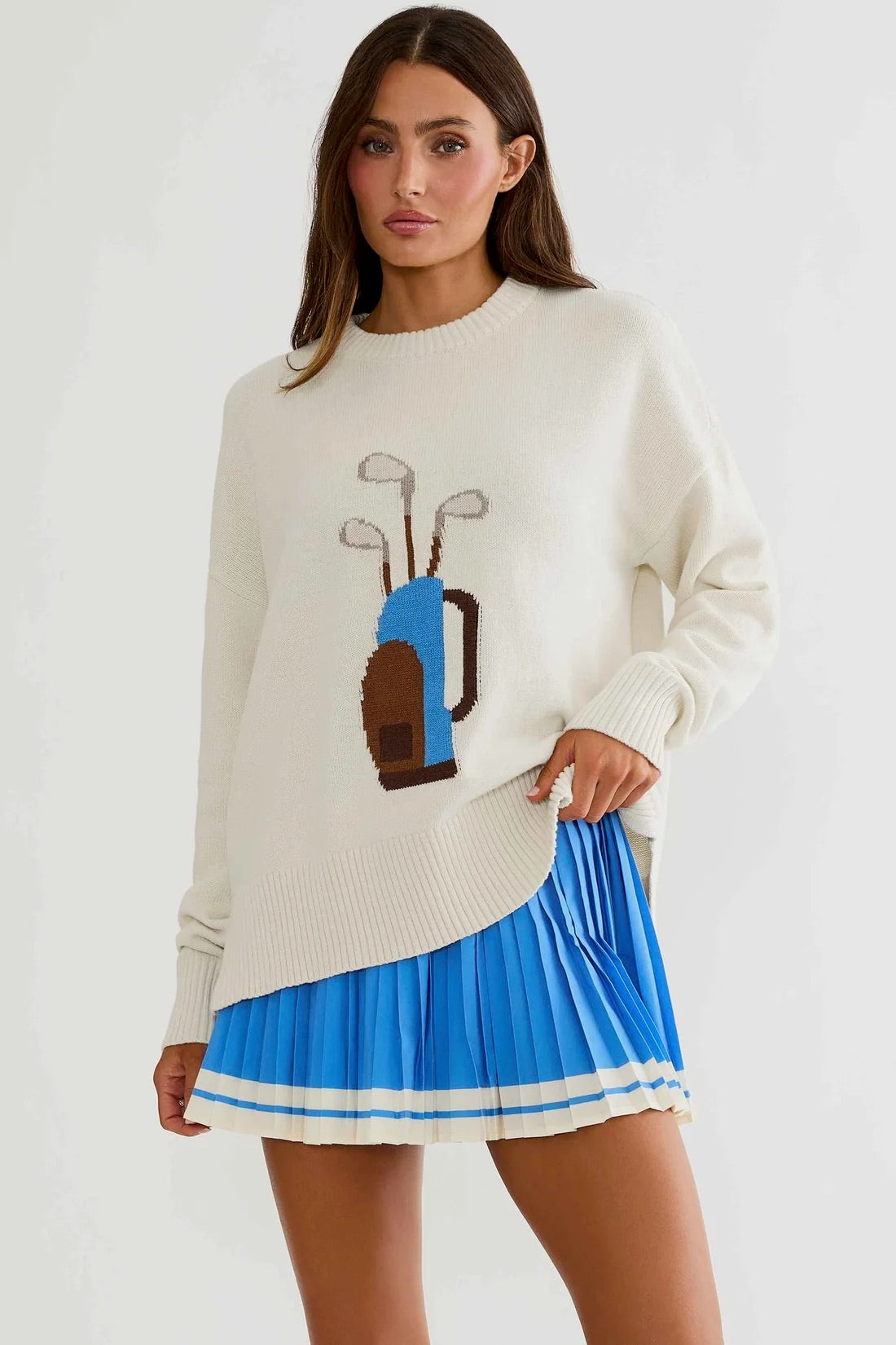 BeachRiot Callie Sweater in Opal Sky featuring a cozy knit texture and relaxed fit, displayed on a model against a neutral background.
