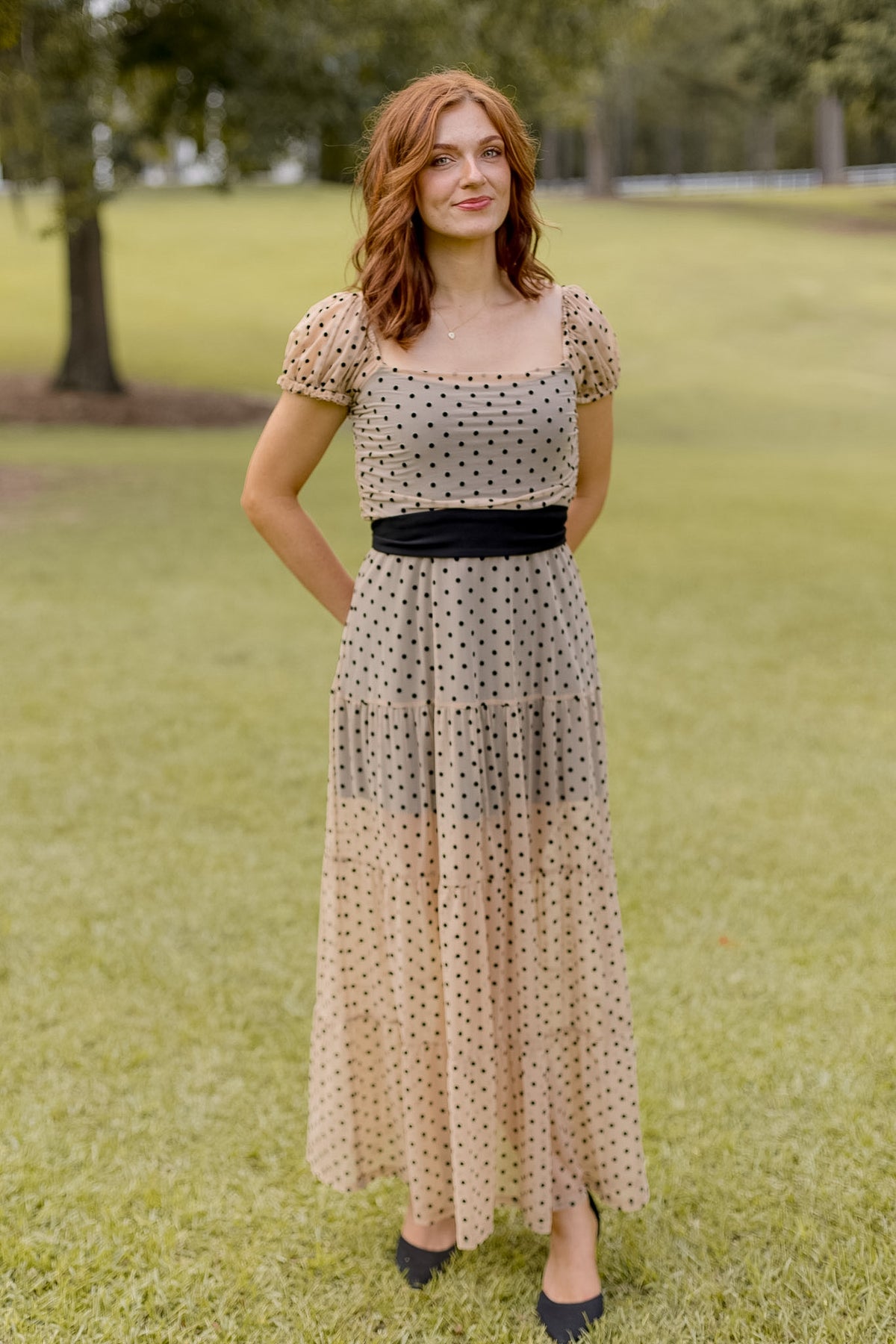 Delphine Dress- Nude/Black Dot