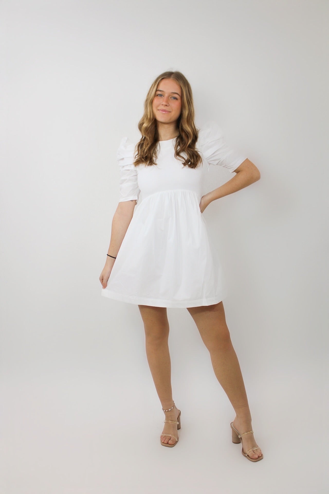 Pleated Puff Sleeve Mini Dress