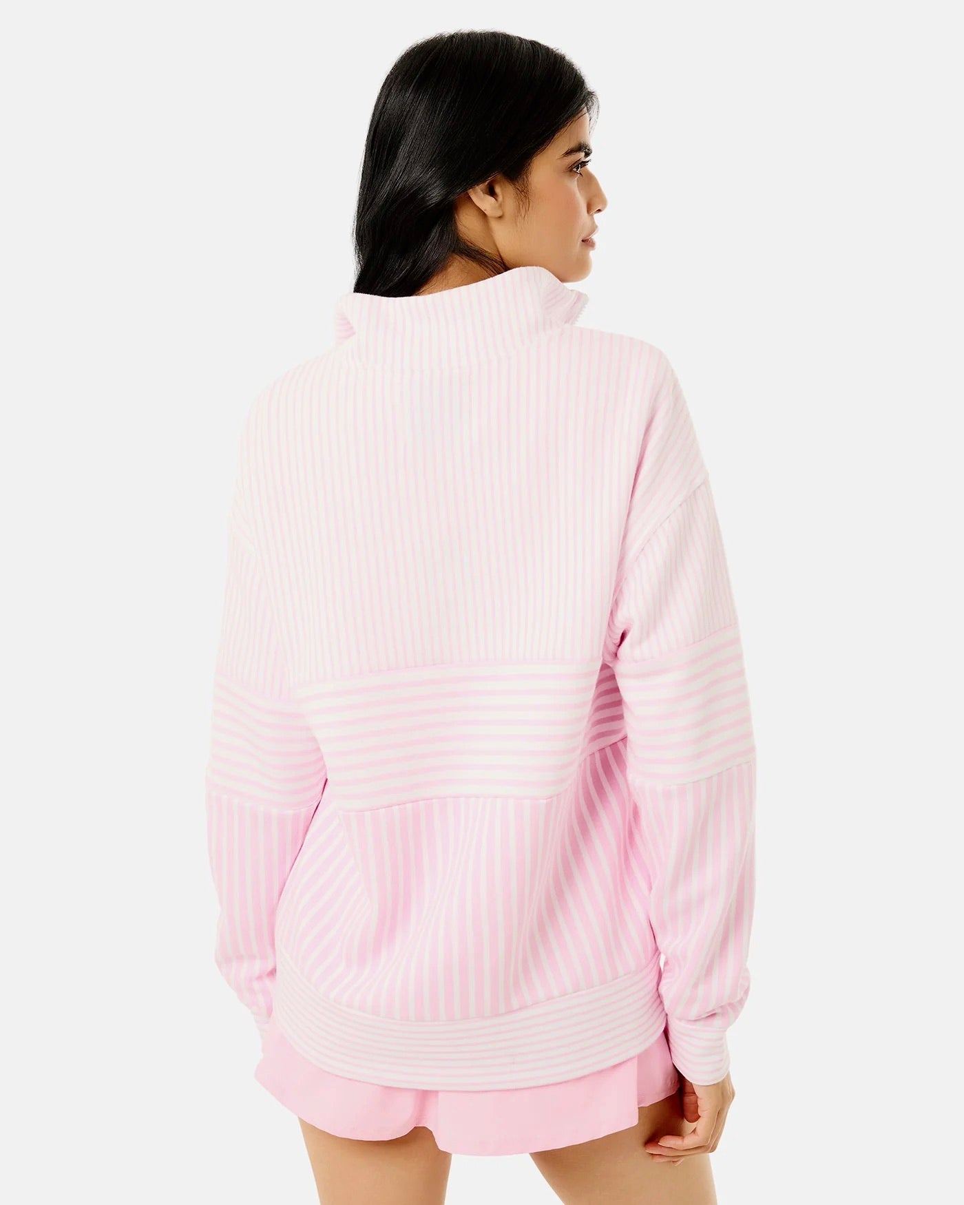 Addison Bay varsity quarter zip in bubblegum pink, featuring a comfortable fit and sporty design, shown on a mannequin.