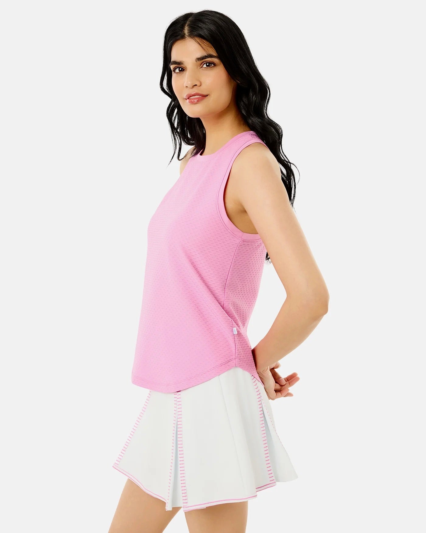 Addison Bay Everyday Tank in orchid color, sleeveless women's top with a relaxed fit and smooth fabric, displayed on a hanger.