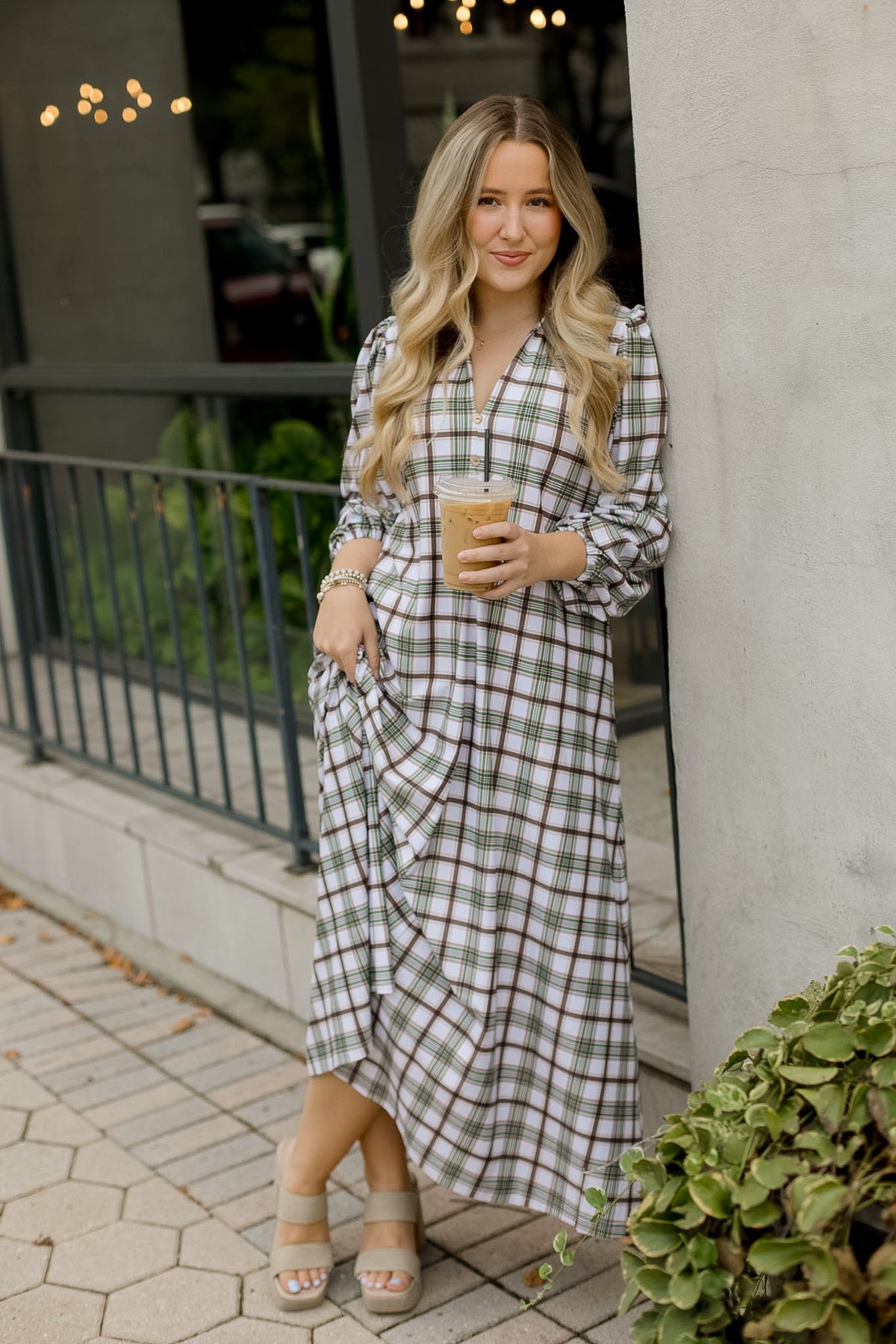 Smith & Quinn Vivian Dress in oak plaid featuring a stylish, fitted design with long sleeves and a classic plaid pattern.