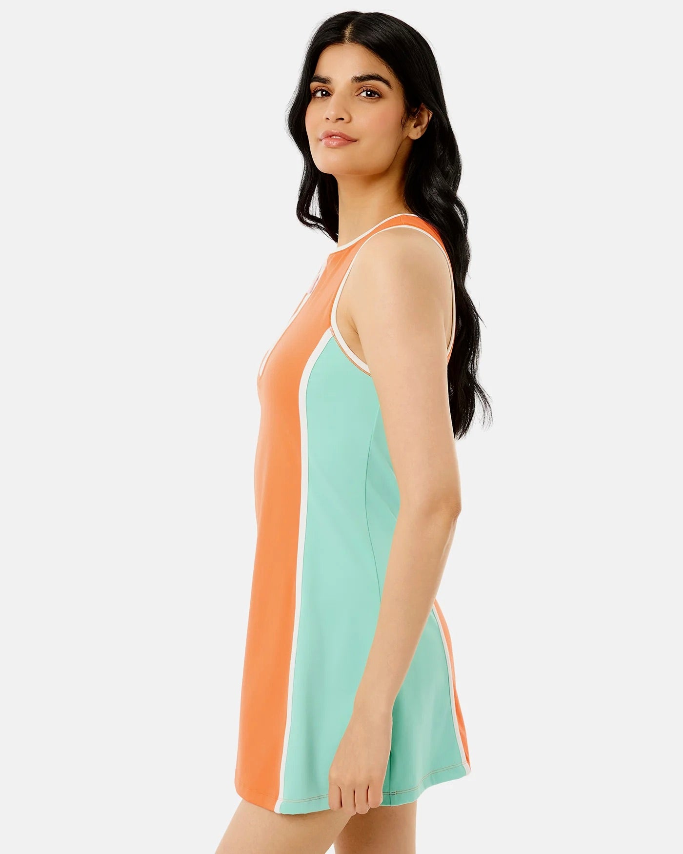 Addison Bay paddle dress in papaya and jelly mint, featuring a stylish sleeveless design with a flowy, lightweight fabric.