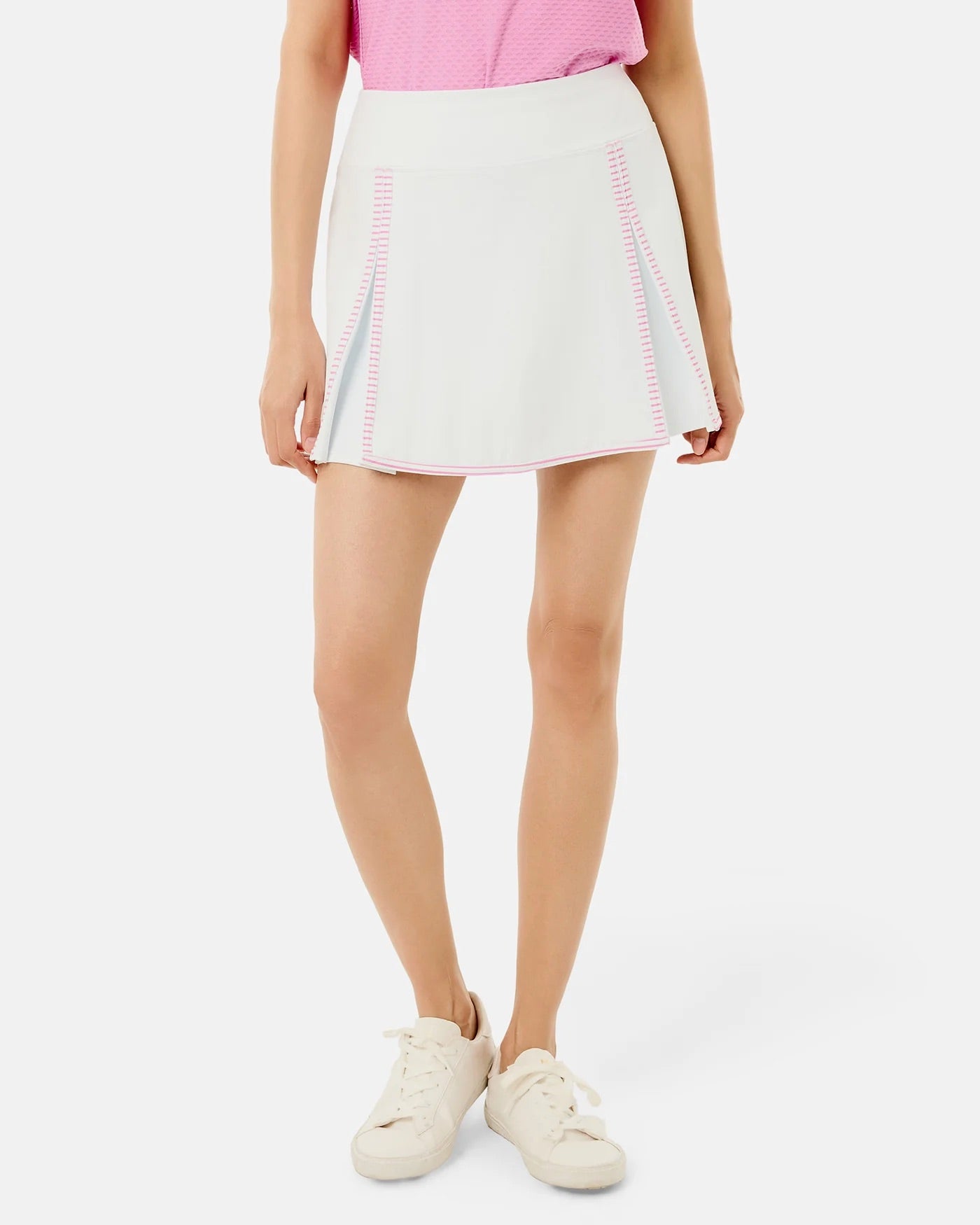 White and orchid striped Gardenia skort by Addison Bay, featuring a stylish, casual design with a comfortable fit.