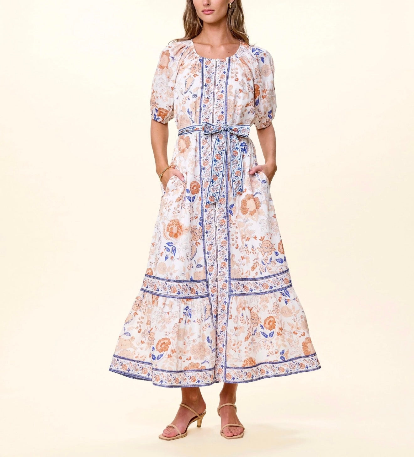 CLEOBELLA Kelsey Ankle Dress in Bellavista Print featuring a fitted silhouette and vibrant floral pattern.