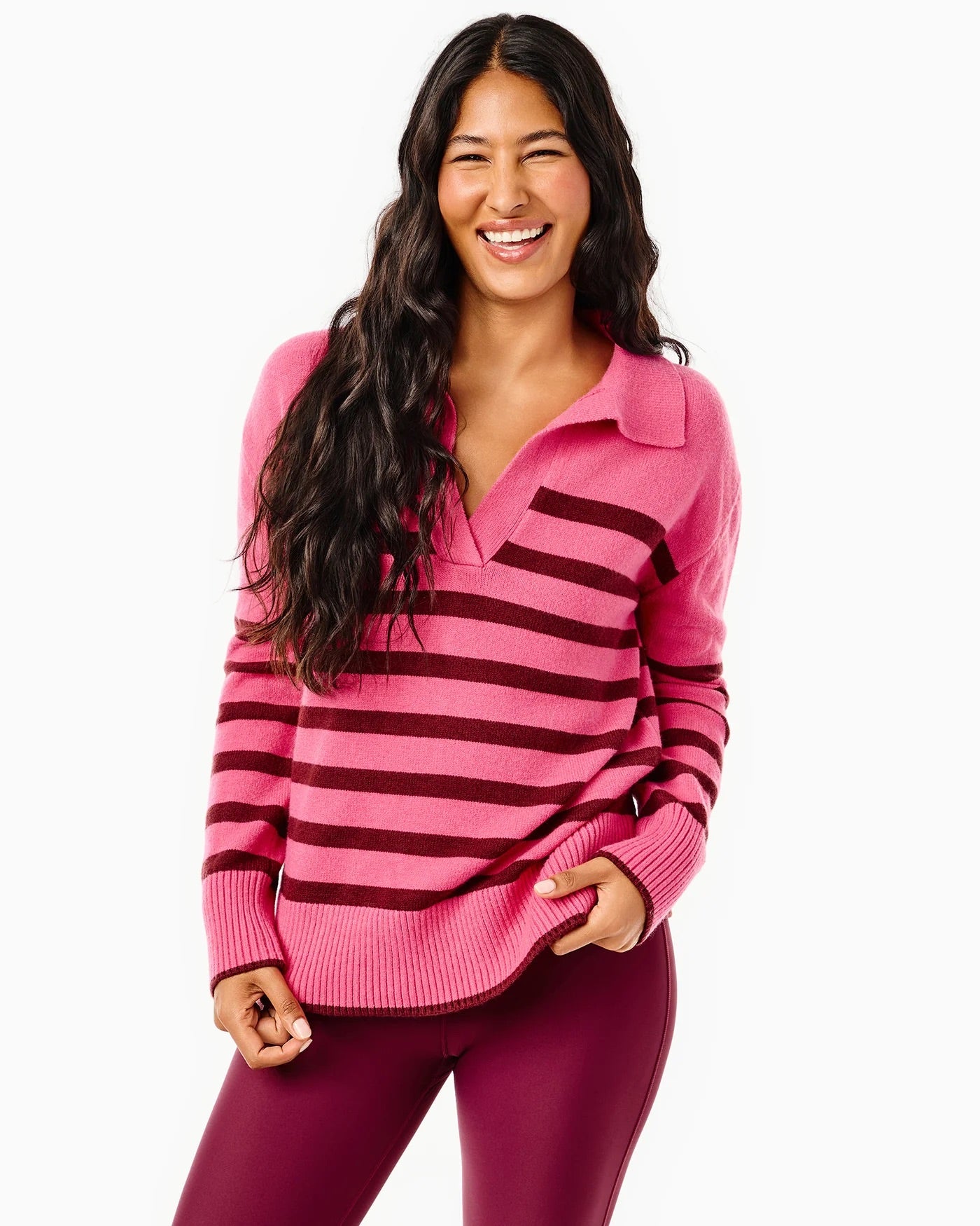 Knit Carlyle Rugby Sweater - Rose/Lacquer Stripe