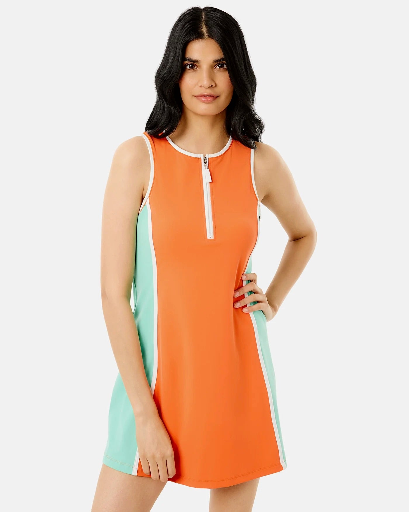 ADDISON BAY paddle dress in papaya and jelly mint with a relaxed fit, featuring a sleeveless design and stylish neckline.