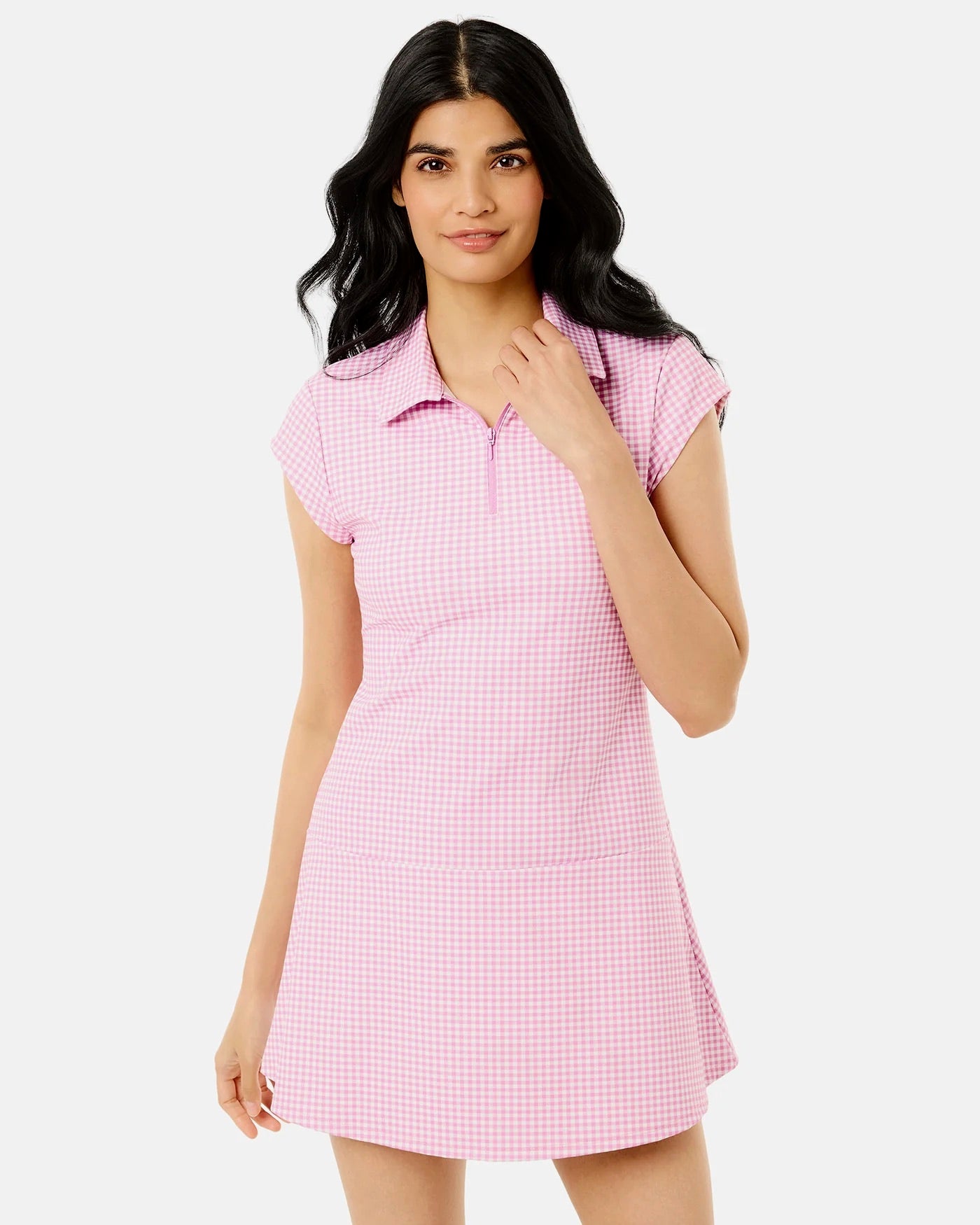 Love Love Dress in orchid gingham by Addison Bay, featuring a stylish, lightweight dress with a classic checkered pattern.