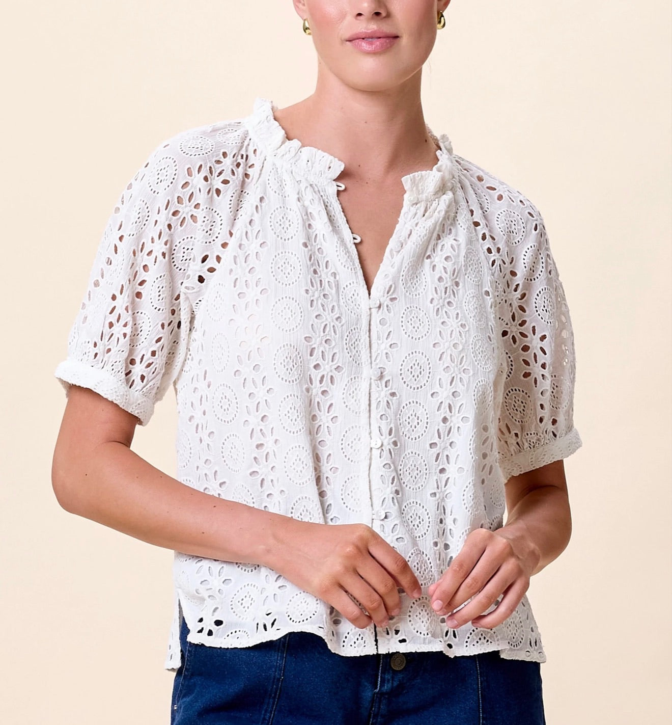 CLEOBELLA Kate Ivory Blouse featuring a stylish, lightweight fabric with a classic collar and button-down front.