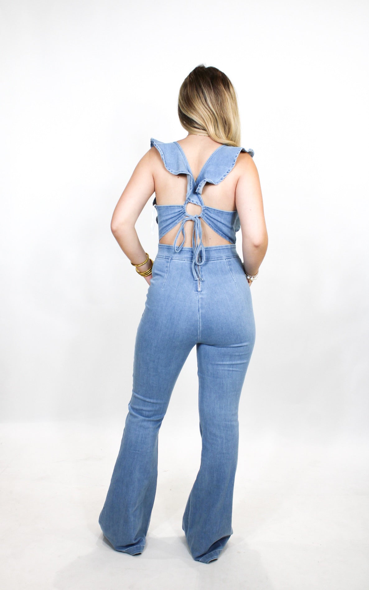 Denim Jumpsuit With Ruffle Shoulders