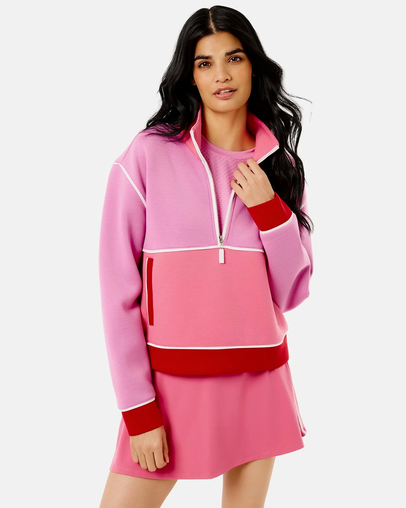 Lightweight ADDISON BAY Breakpoint Quarter Zip in soft fabric, shown on a hanger against a neutral background.