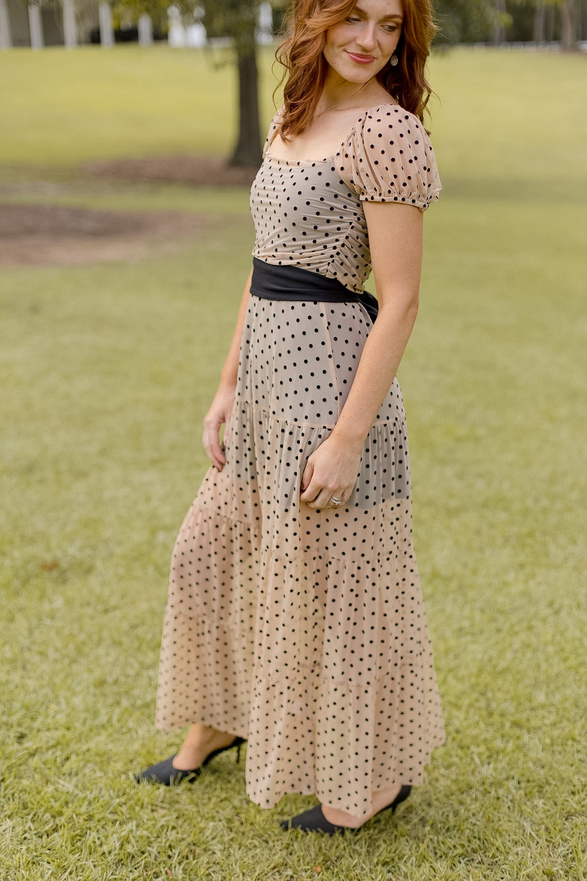 Delphine Dress- Nude/Black Dot