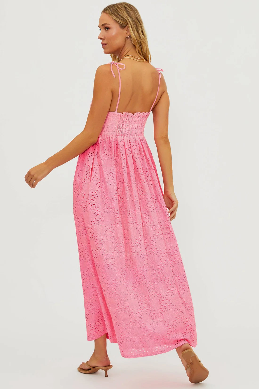 BEACHRIOT Valory Maxi Dress in seashell pink, flowing fabric with a boho style, displayed on a hanger against a neutral background.